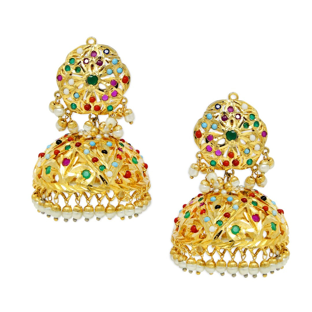 Gold plated navratan stones jhumka earrings