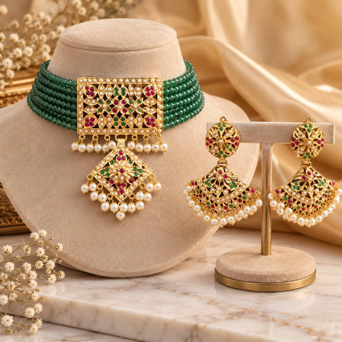 Jadau Green Choker Necklace Set