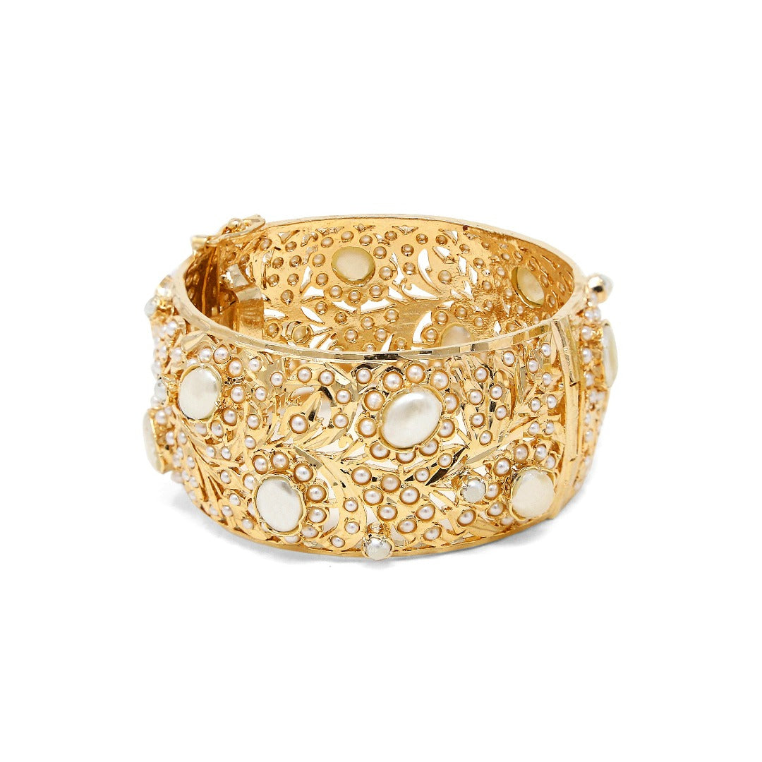 Heritage Jadau Kada Pearl White (Broad Bangle) - QUEENS JEWELS