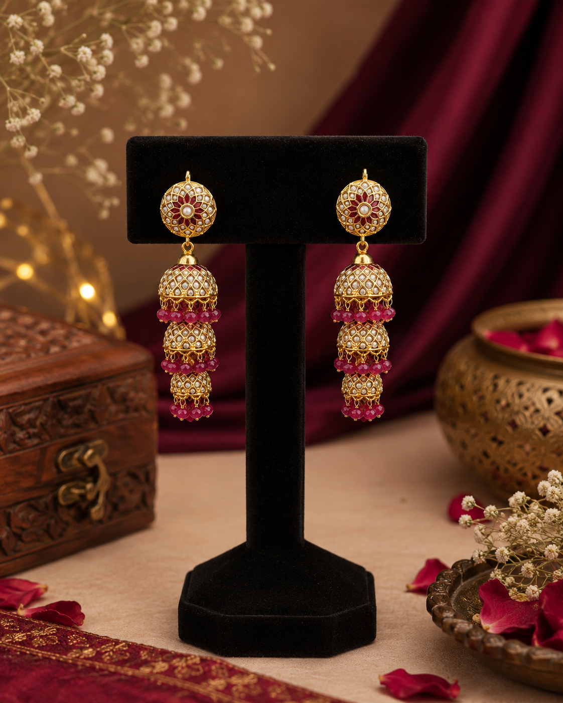Gold Tone Three Layered (triple layer) Jadau Jhumki Earrings - QUEENS JEWELS