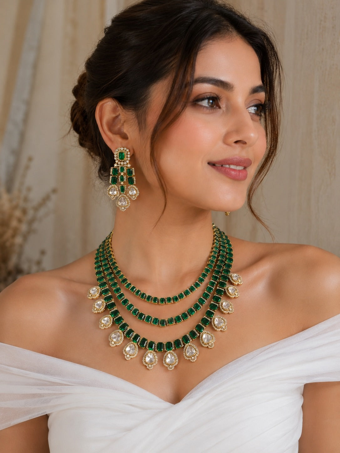 Layered Emerald Kundan Necklace Set