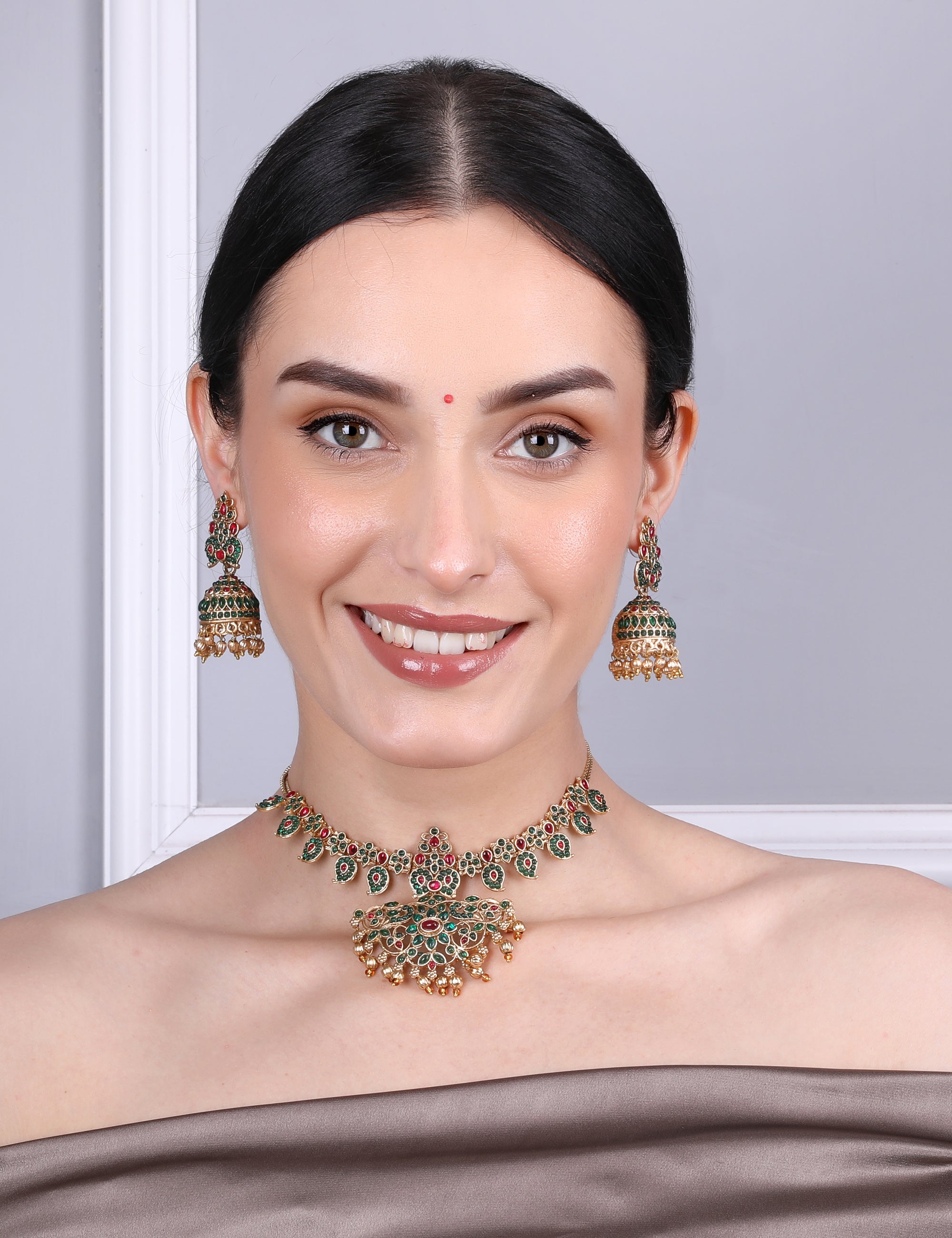 Arohi Green And Red Stone Temple Necklace Set With Jhumka Earrings - QUEENS JEWELS