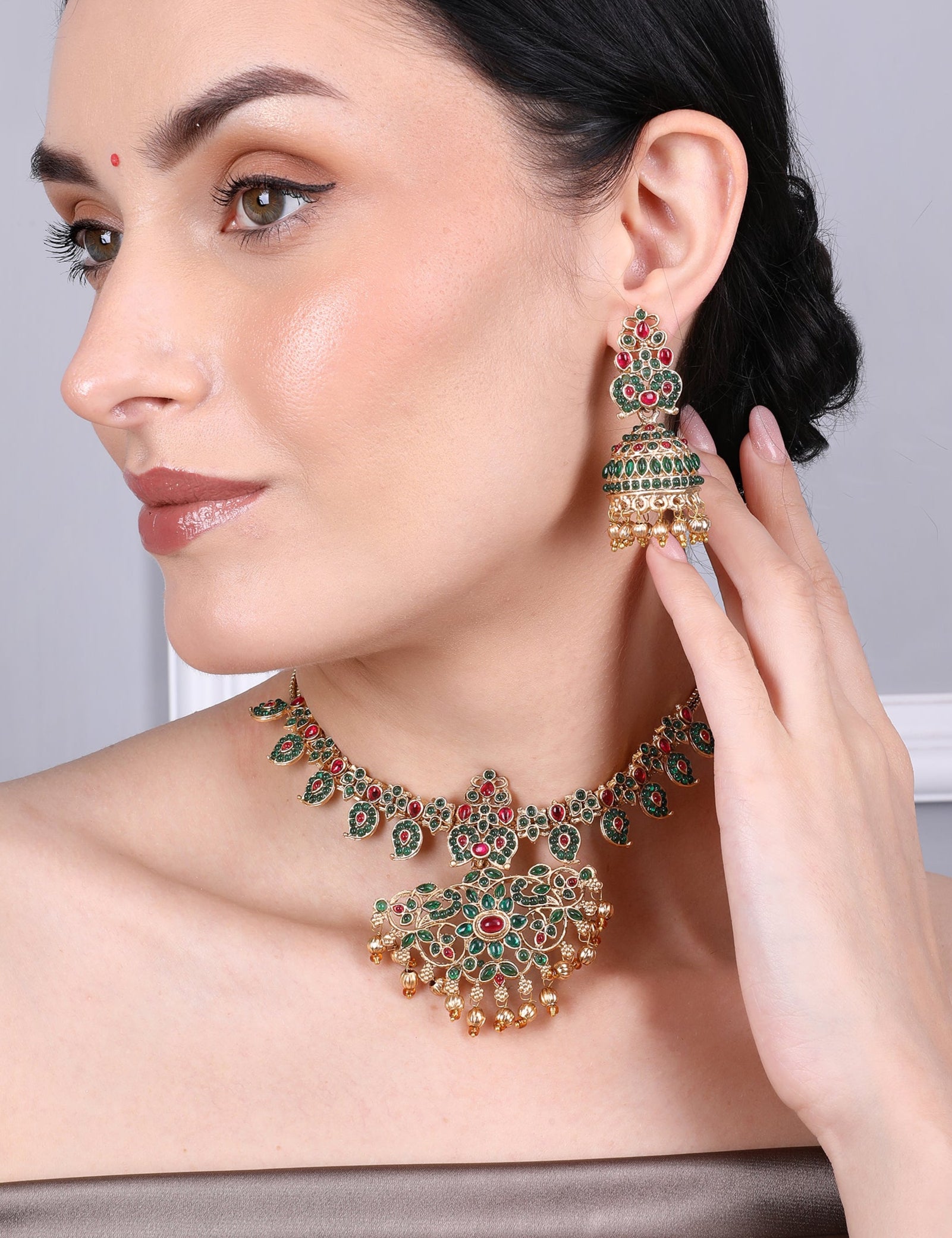 Arohi Green And Red Stone Temple Necklace Set With Jhumka Earrings - QUEENS JEWELS