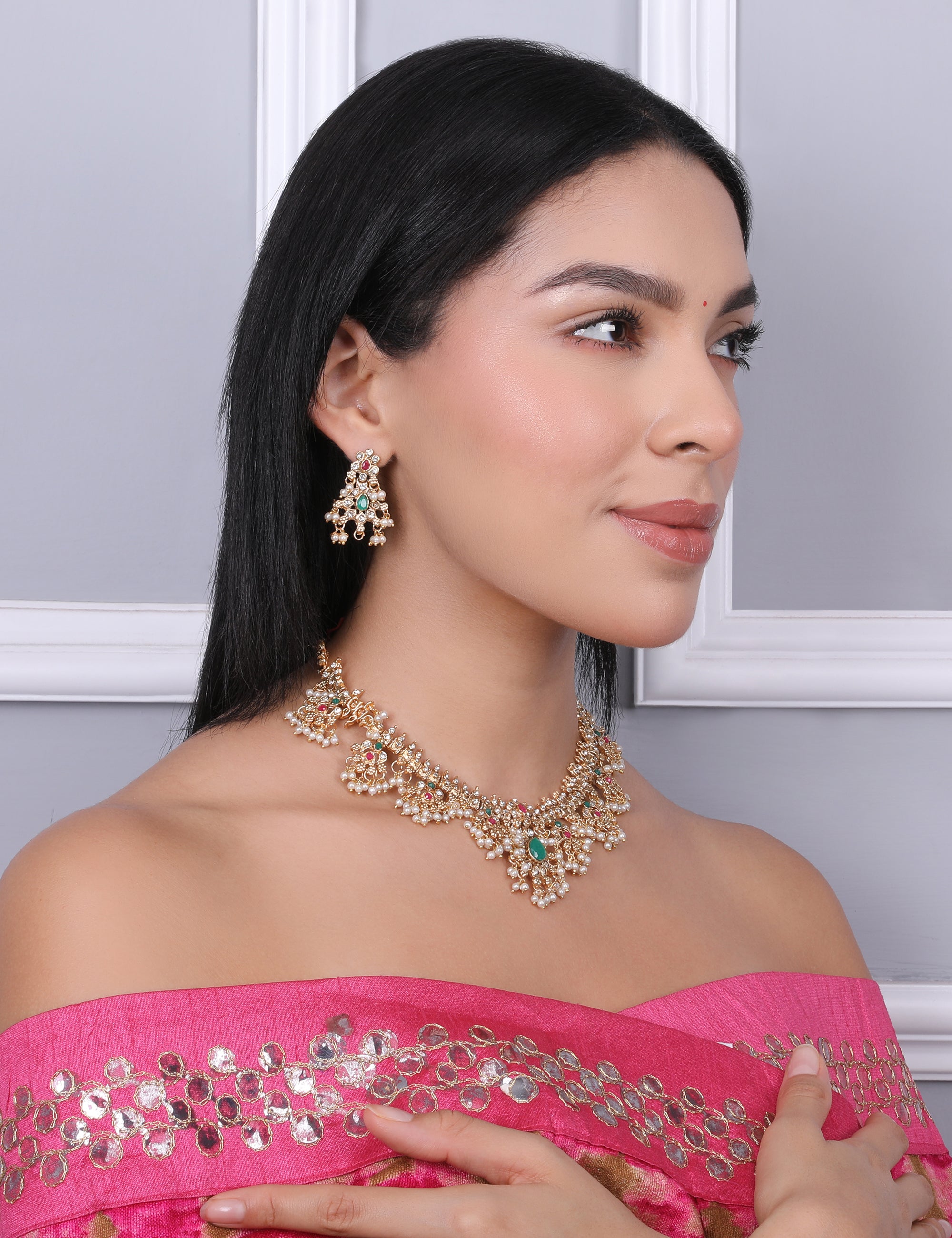 Gota Pusalu Choker Temple Set with Earrings - QUEENS JEWELS