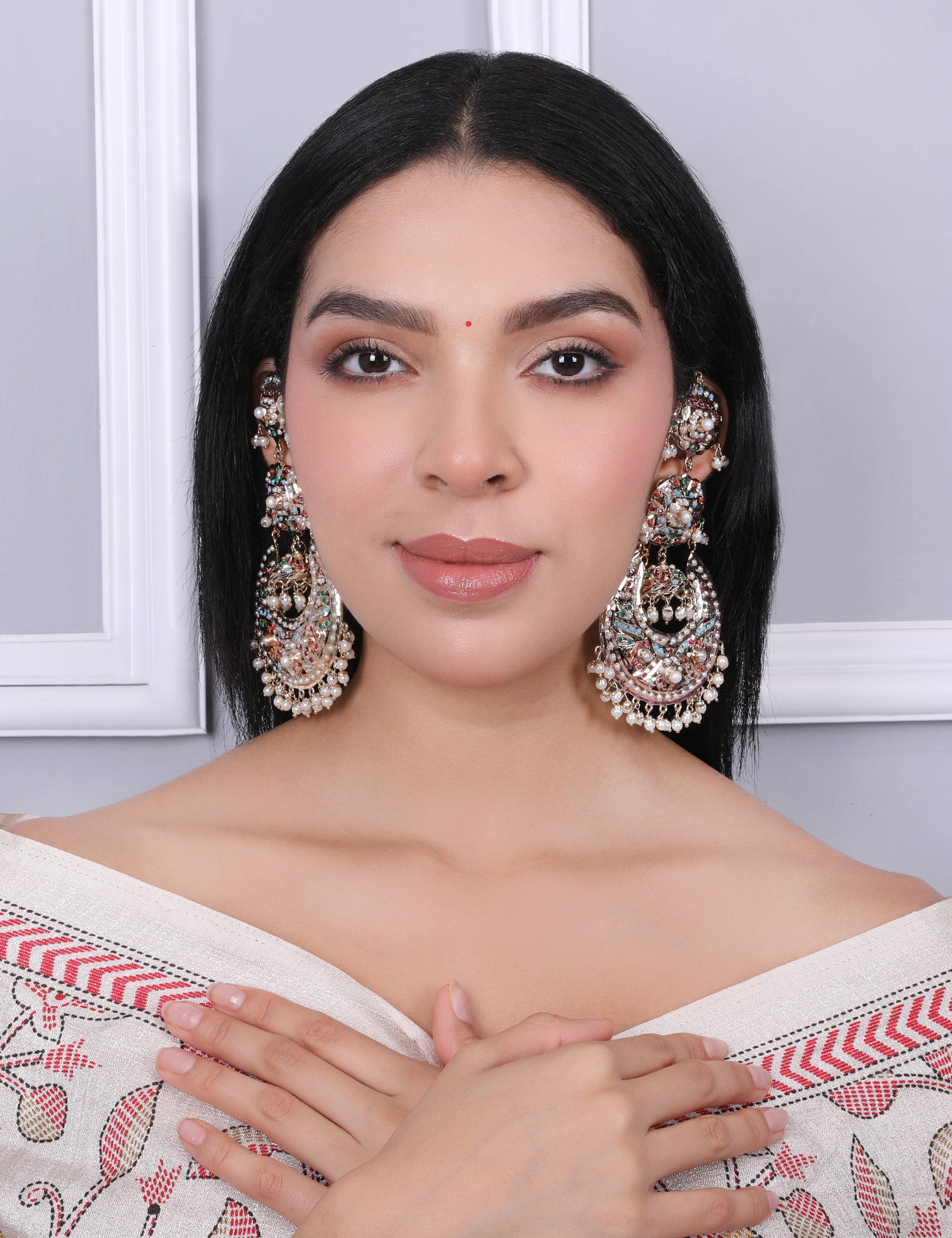 Navratan Jhumka Chaandbali Earrings with kaanchain - QUEENS JEWELS