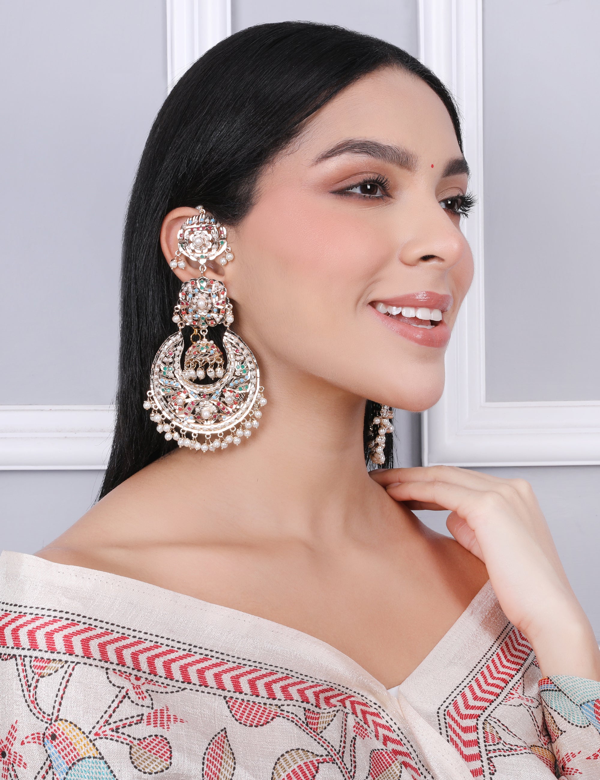 Navratan Jhumka Chaandbali Earrings with kaanchain - QUEENS JEWELS