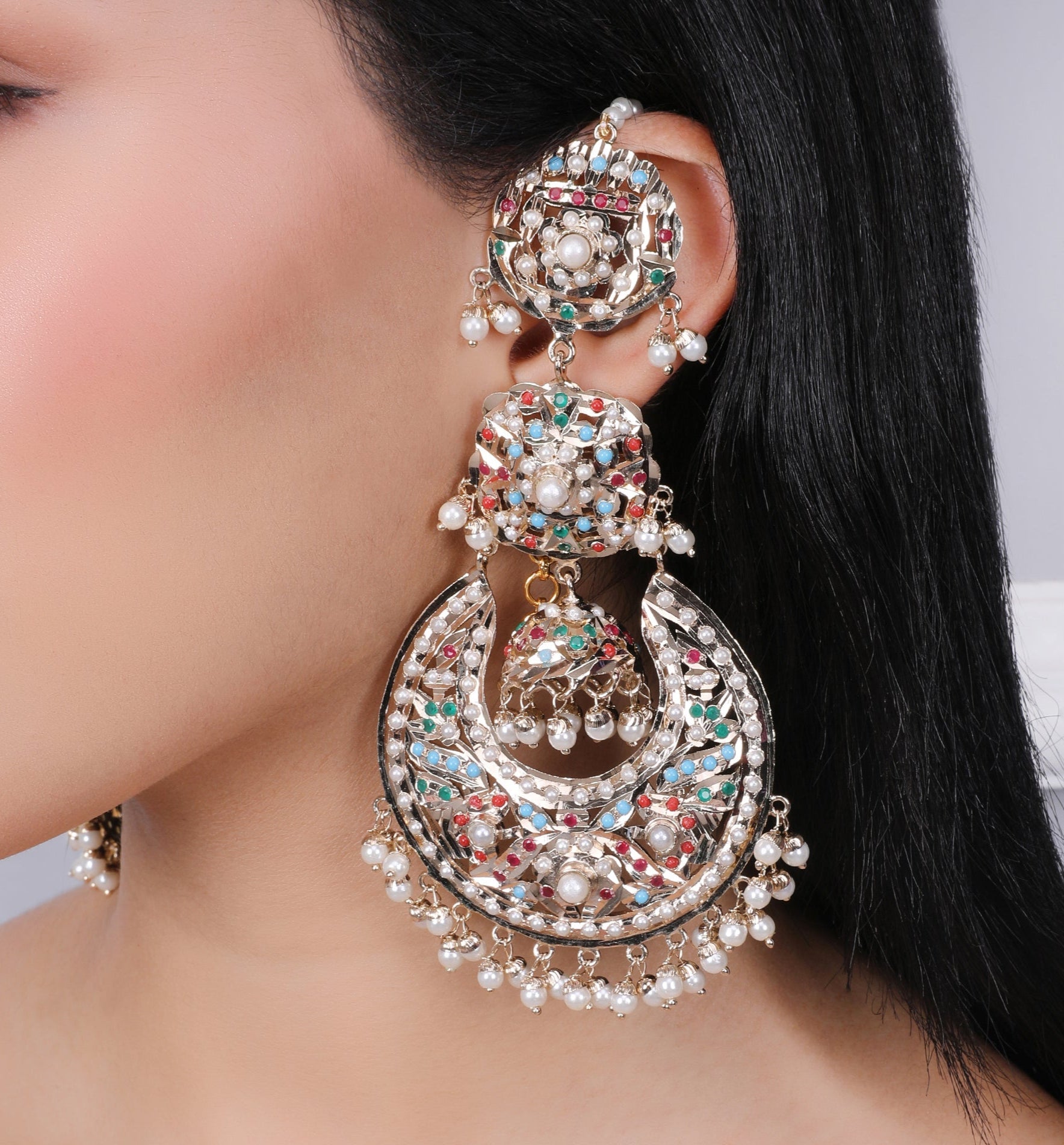 Navratan Jhumka Chaandbali Earrings with kaanchain - QUEENS JEWELS