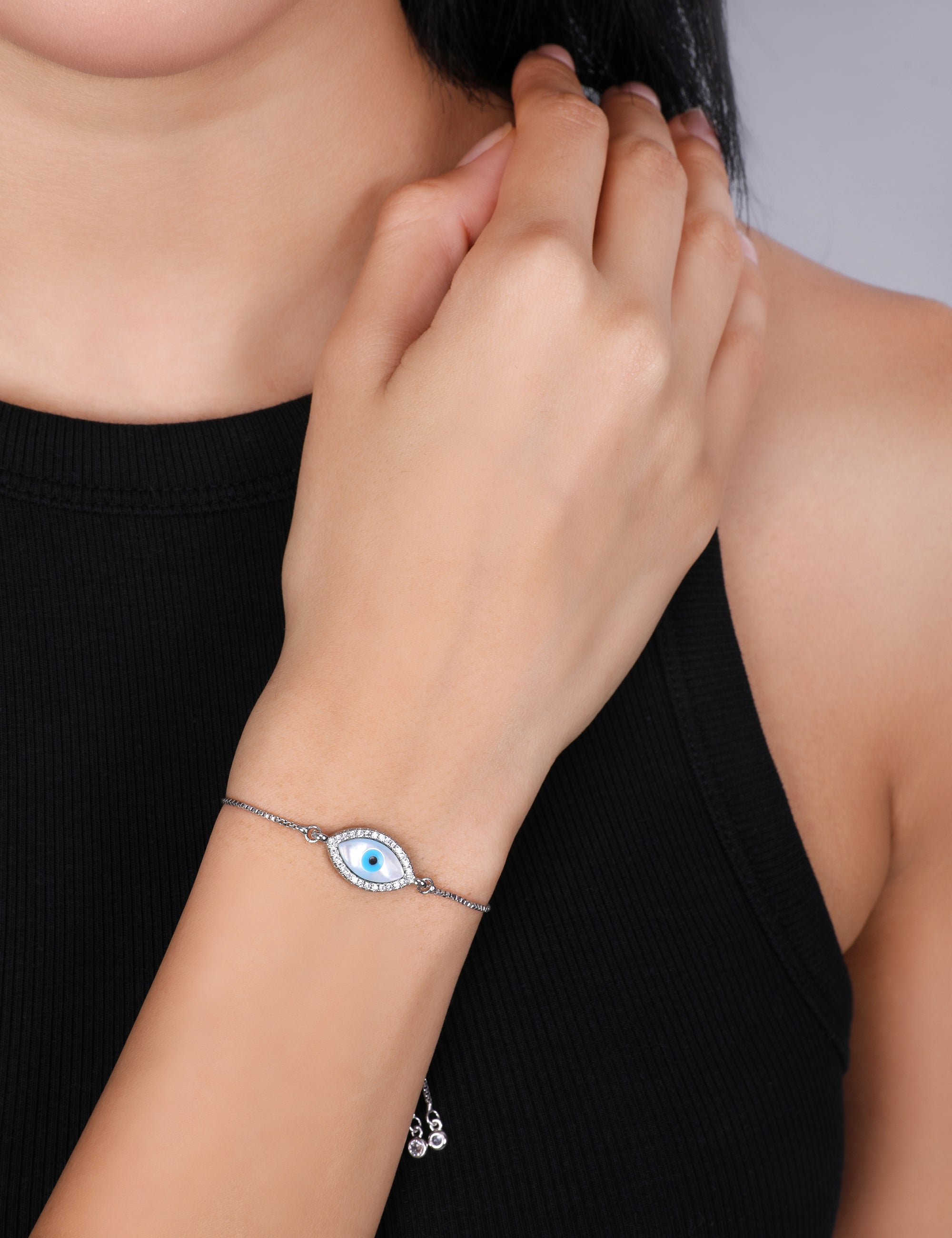 Evil Eye Silver Tone Adjustable  Bracelet - QUEENS JEWELS