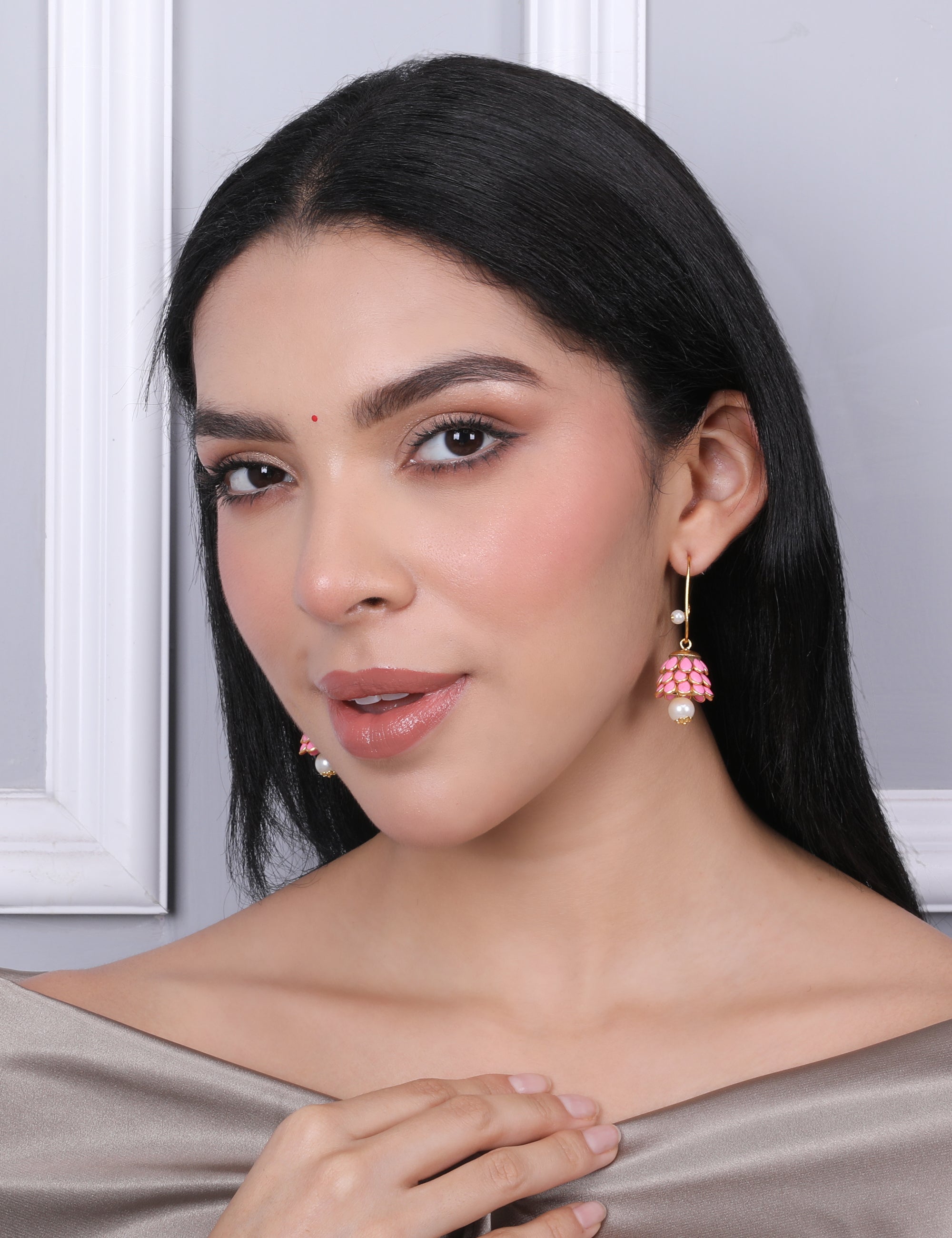 Anika Pachi Jhumka Earrings - Pink - QUEENS JEWELS