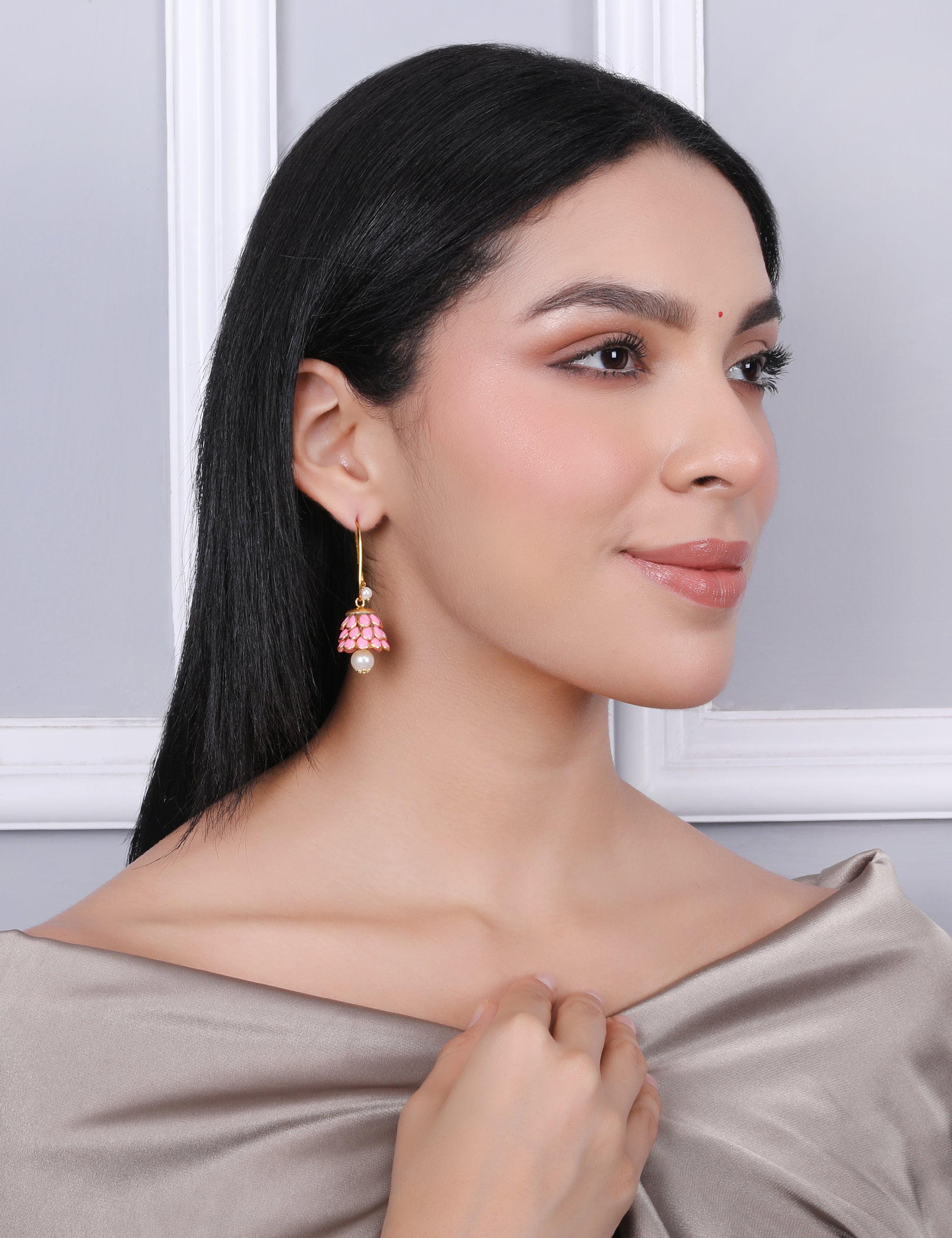 Anika Pachi Jhumka Earrings - Pink - QUEENS JEWELS