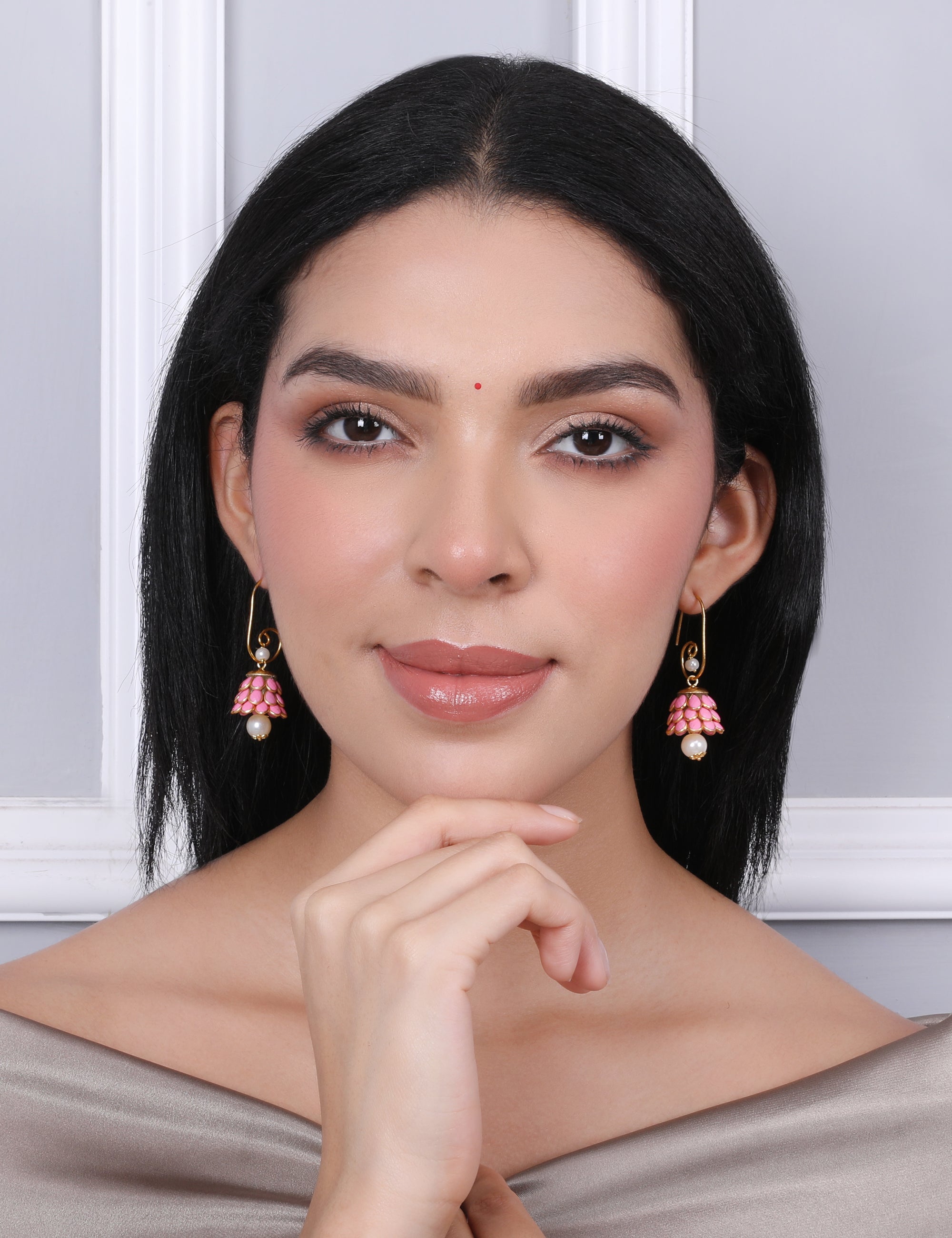 Anika Pachi Jhumka Earrings - Pink - QUEENS JEWELS