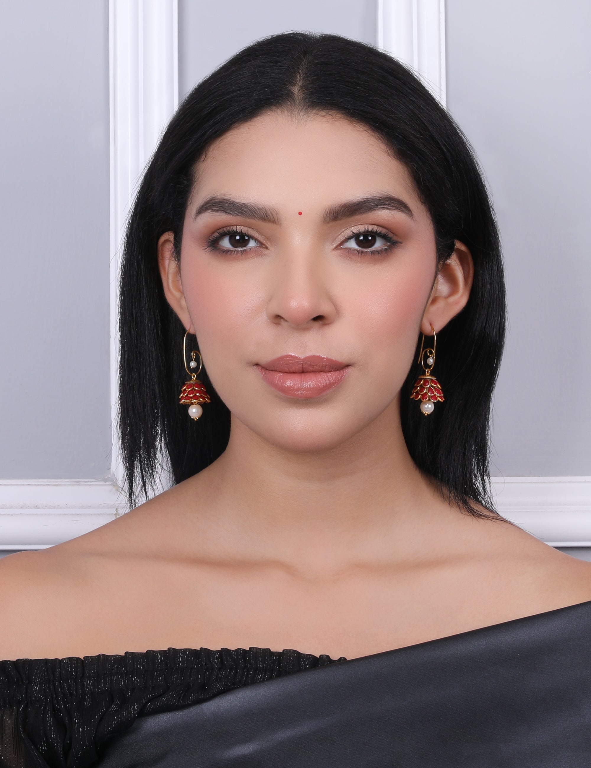 Anika Pachi Jhumka Earrings - Red - QUEENS JEWELS