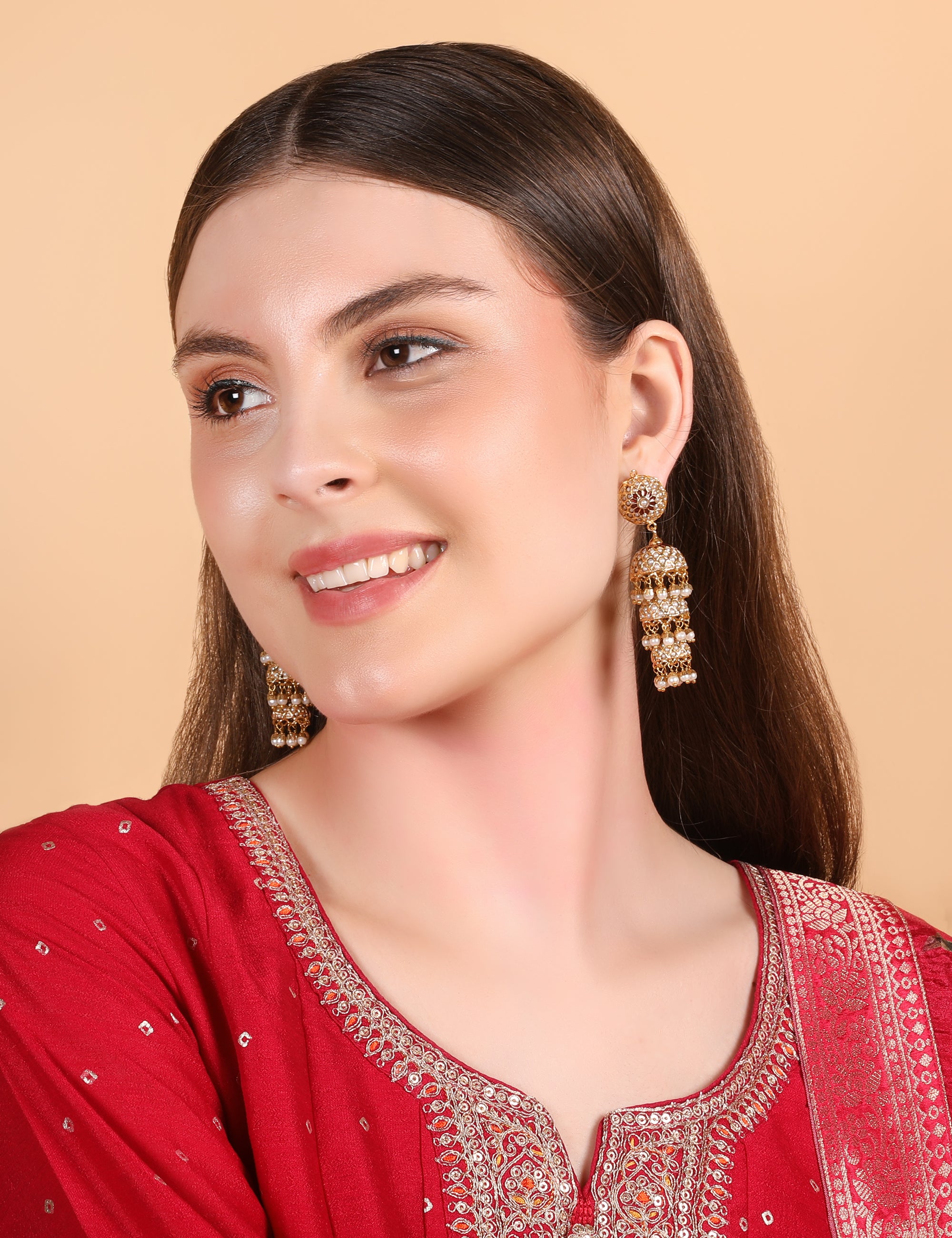 Gold Tone Three Layered (triple layer) Jadau Jhumki Earrings - QUEENS JEWELS