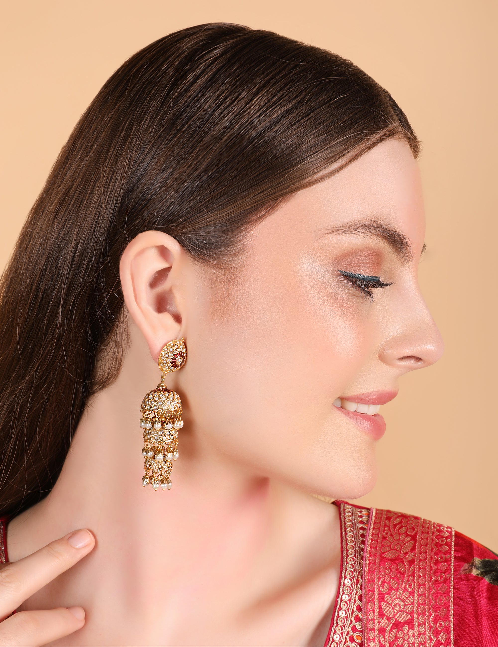 Pearl White Jadau Sonamoti Jhumki Earrings (Triple Layer) - QUEENS JEWELS