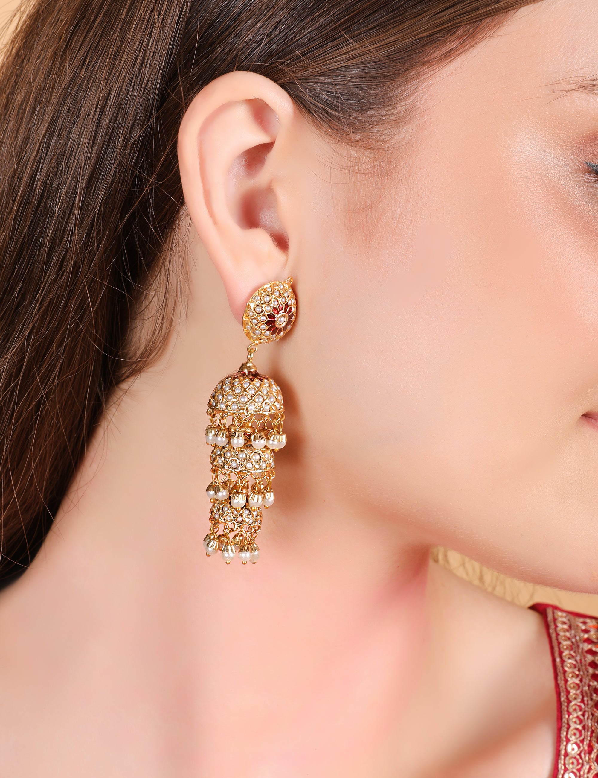 Pearl White Jadau Sonamoti Jhumki Earrings (Triple Layer) - QUEENS JEWELS