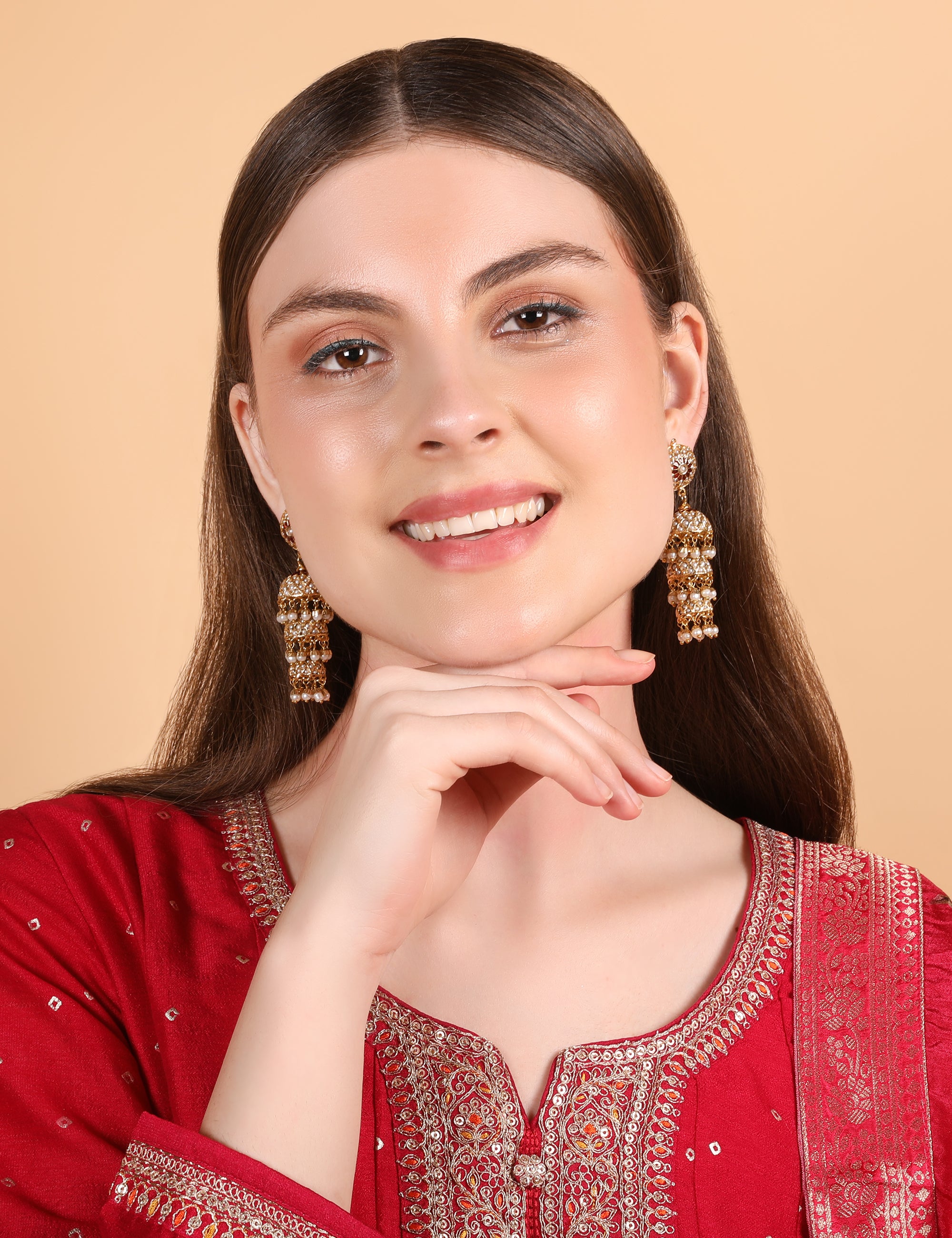 Pearl White Jadau Sonamoti Jhumki Earrings (Triple Layer) - QUEENS JEWELS