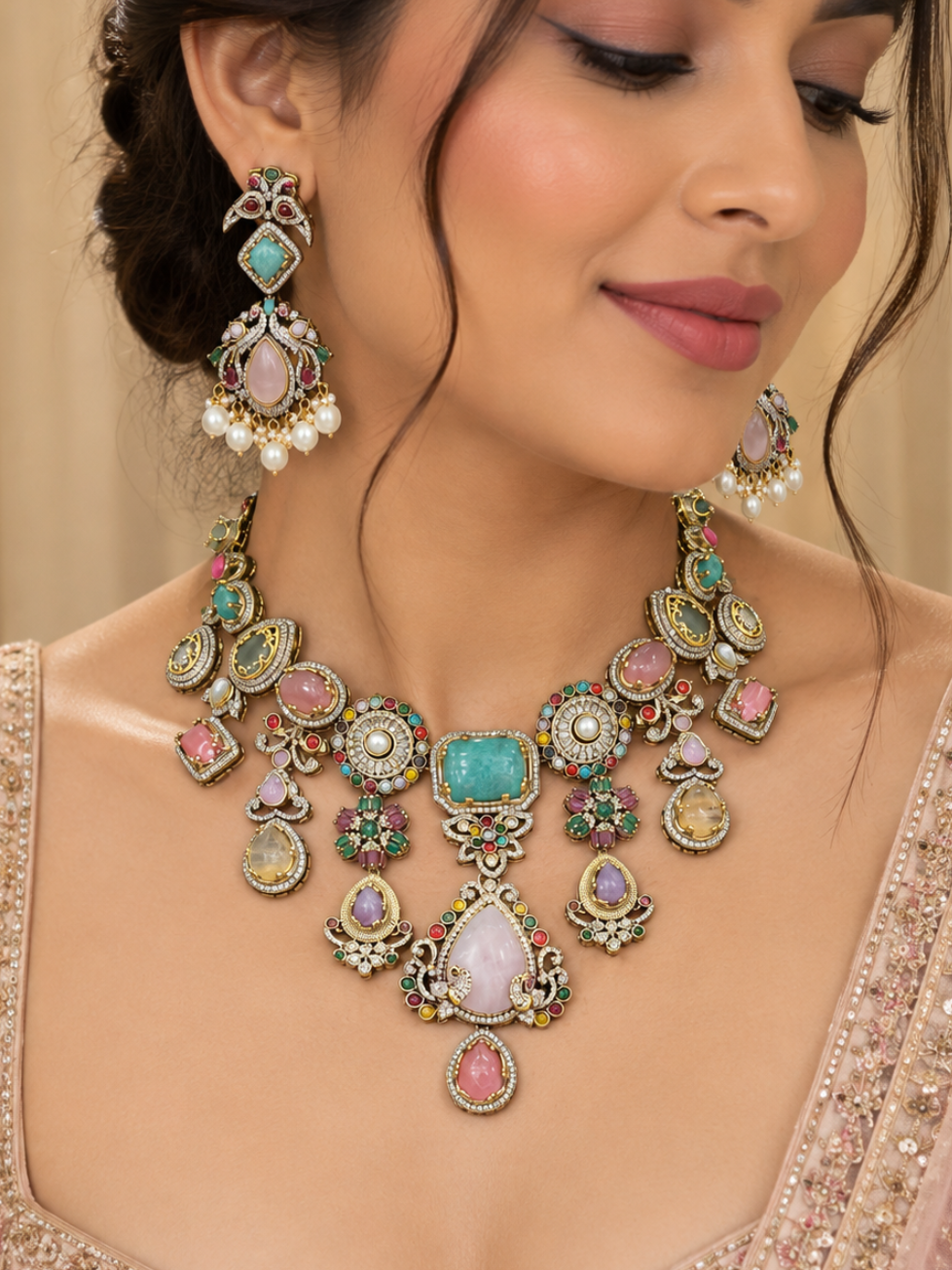 Meher Multicolor Kundan Necklace Set with Earrings