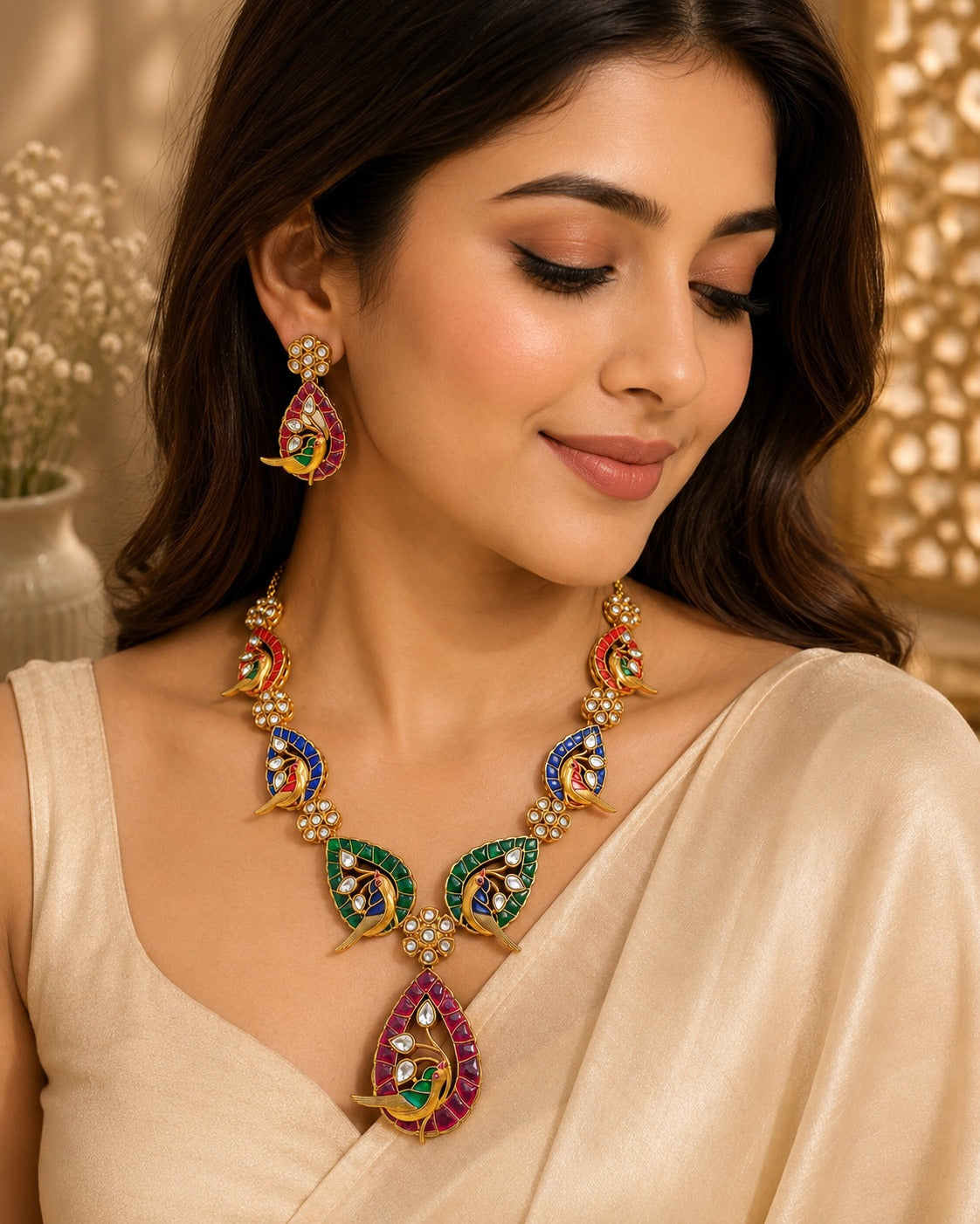 Multicolor Bird Necklace Set with Earrings
