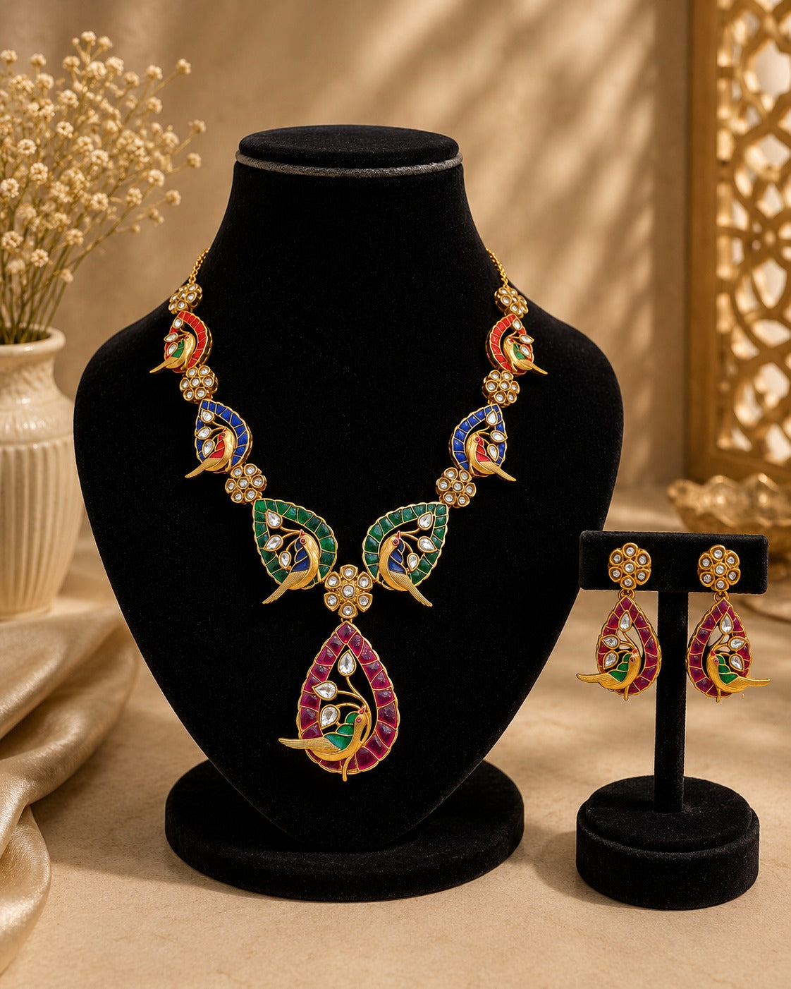 Multicolor Bird Necklace Set with Earrings1