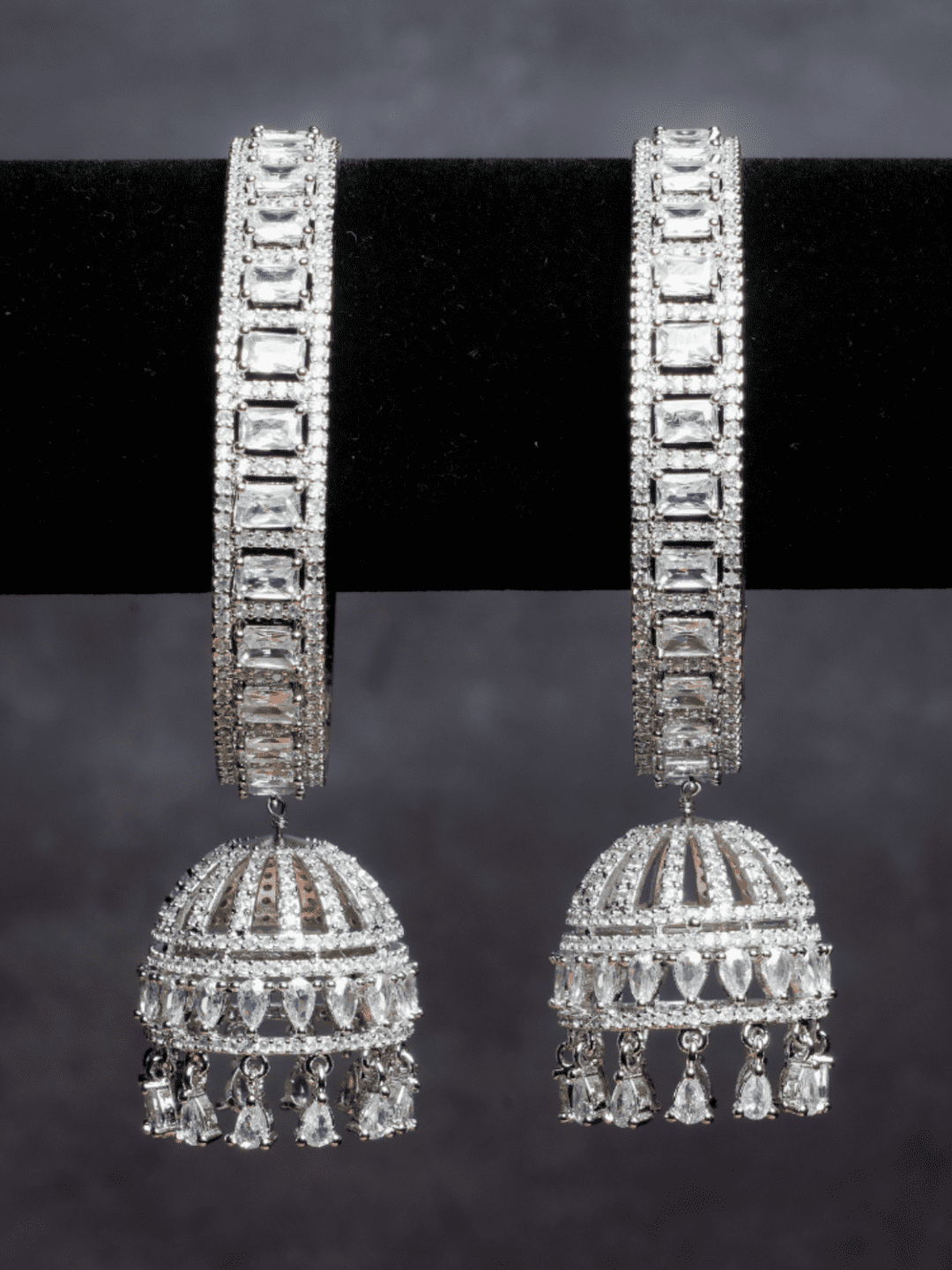 American Diamond  Silver Bangle With Jhumka Hanging Pair - QUEENS JEWELS
