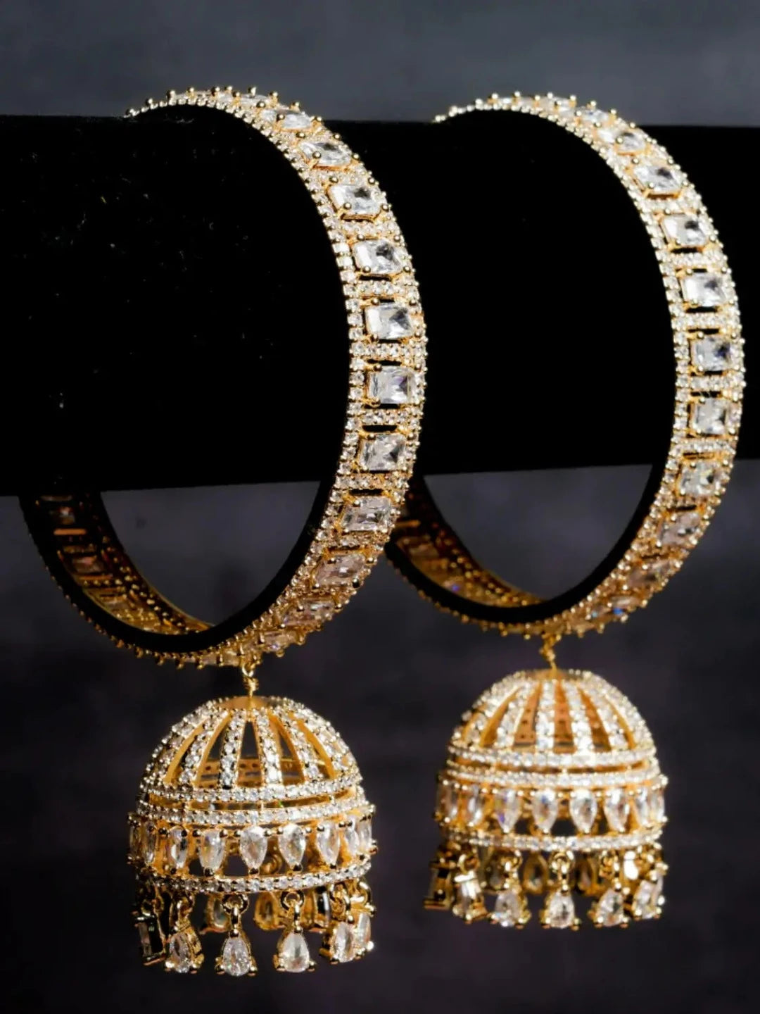 American Diamond Gold Bangle With Jhumka Hanging Pair - QUEENS JEWELS