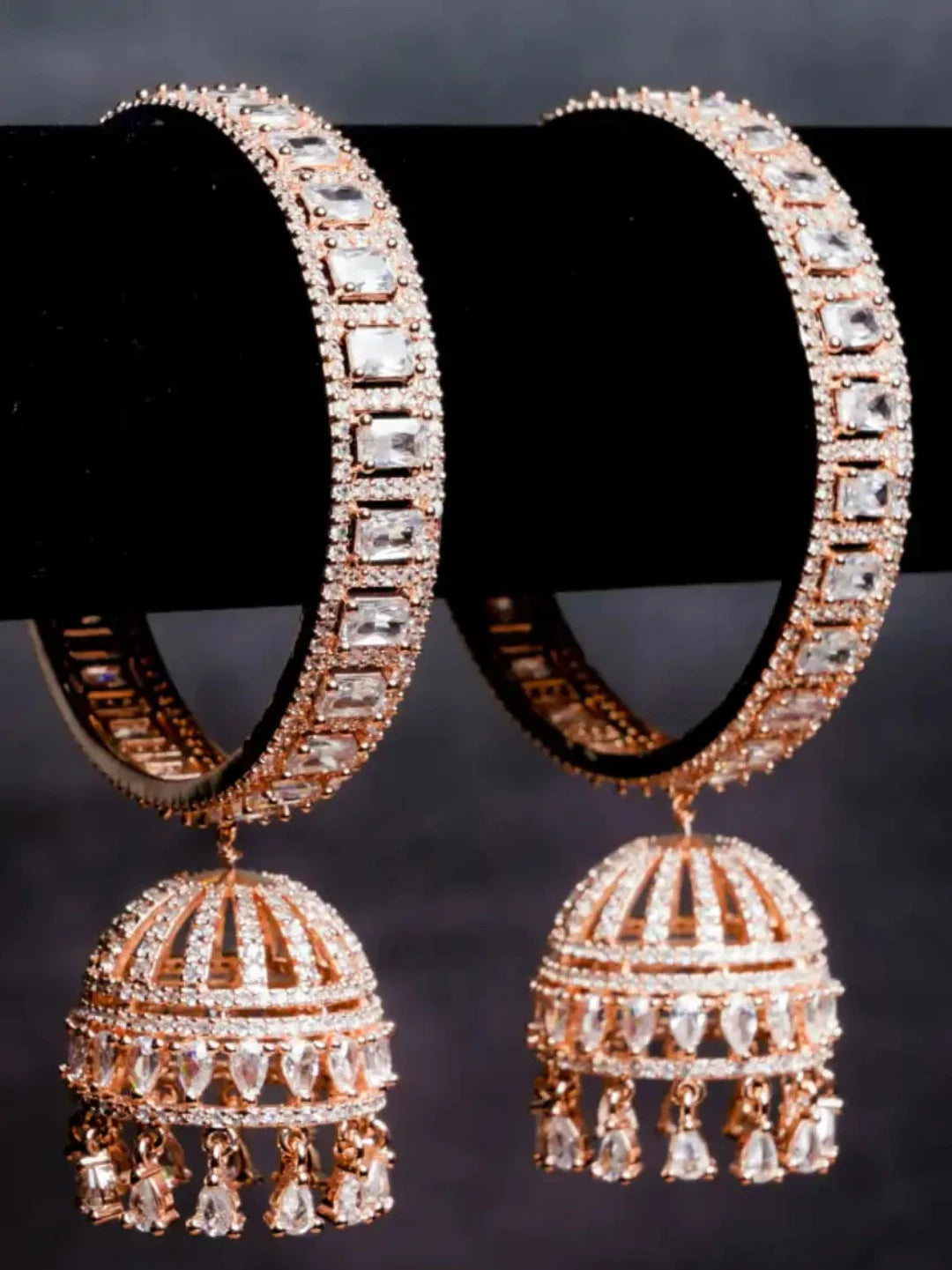American Diamond  Rose Gold Bangle With Jhumka Hanging Pair - QUEENS JEWELS