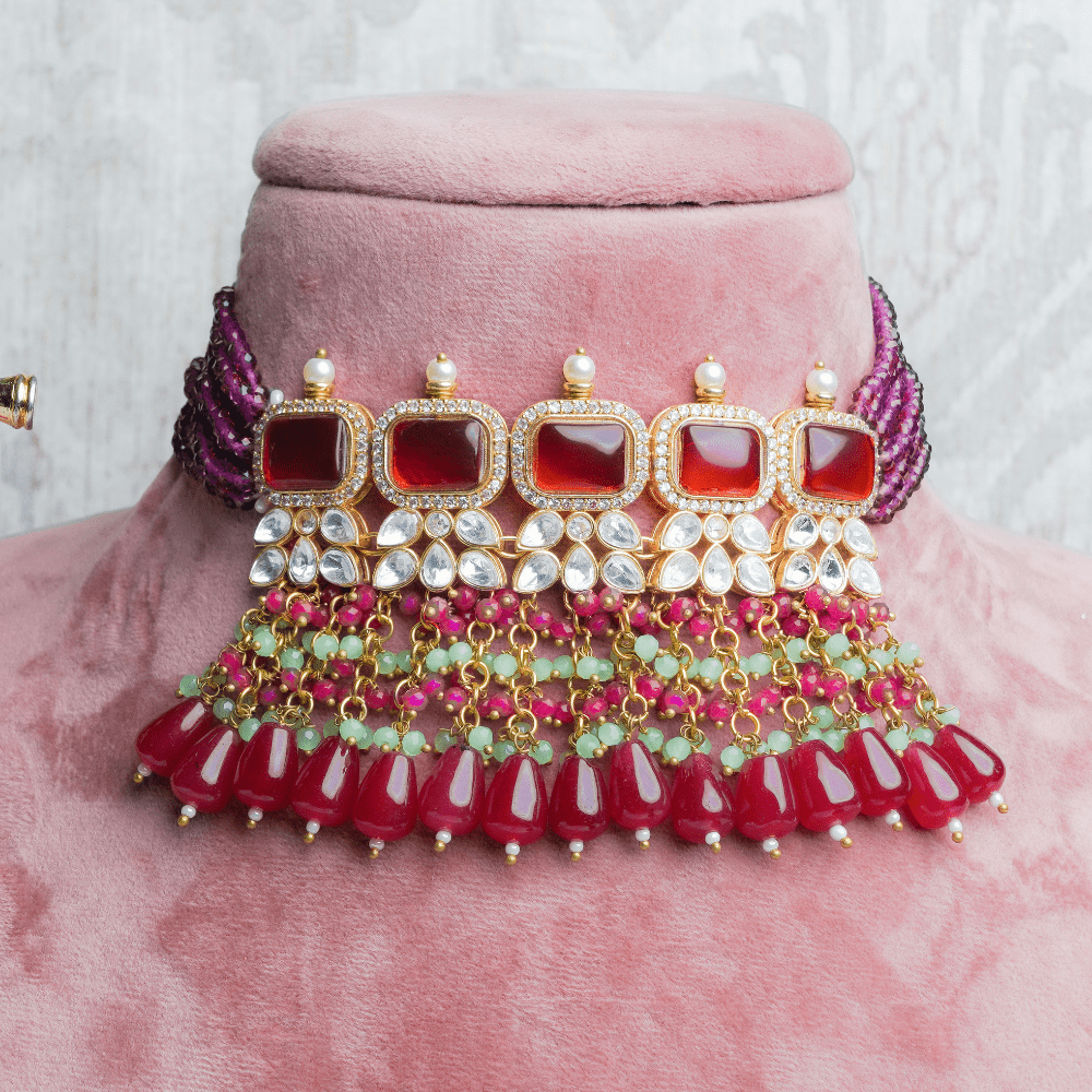 Gehna Crimson Kundan Choker with Earrings (Necklace and Earrings Set) - QUEENS JEWELS