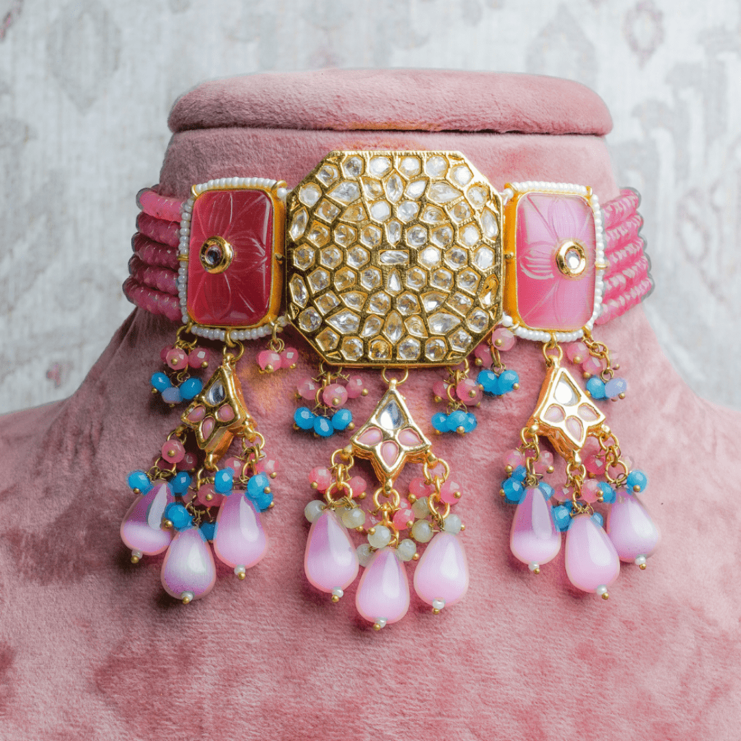Abhiprithi Pink Kundan Choker with Earrings (Necklace and Earrings Set) - QUEENS JEWELS