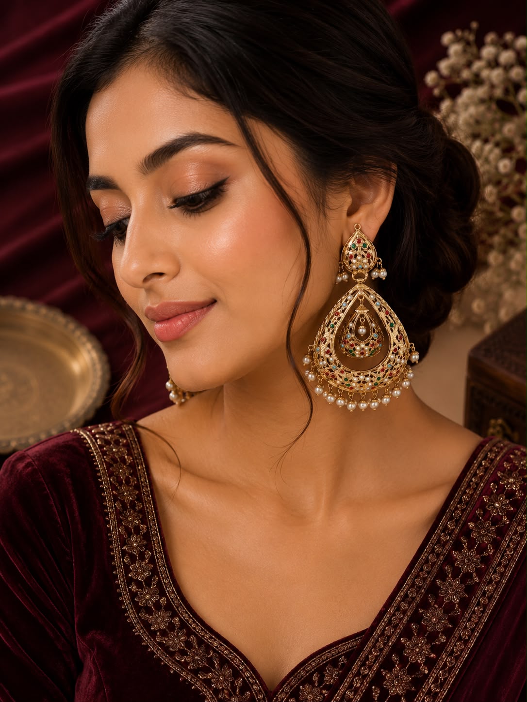Navratan Jadau Jhumka Chandbali Earrings 