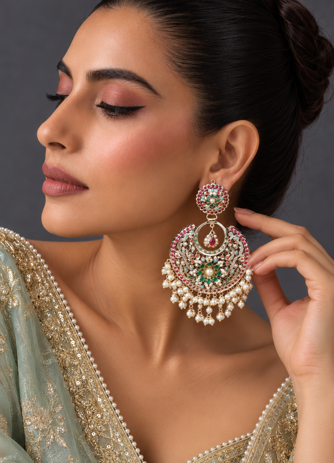 Navratan Opal Jadau Chandbali Earrings 