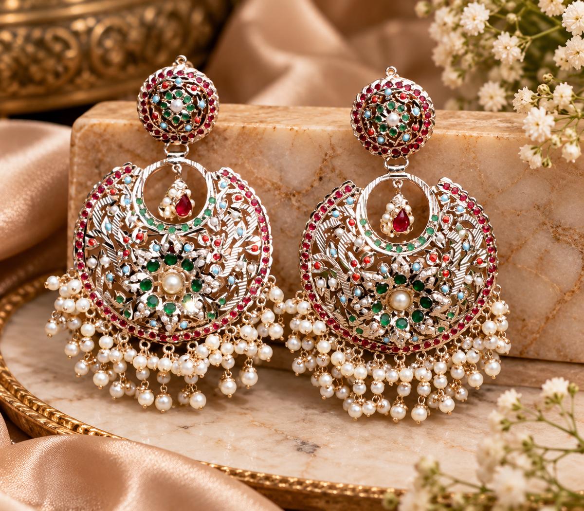 Navratan Opal Jadau Chandbali Earrings 