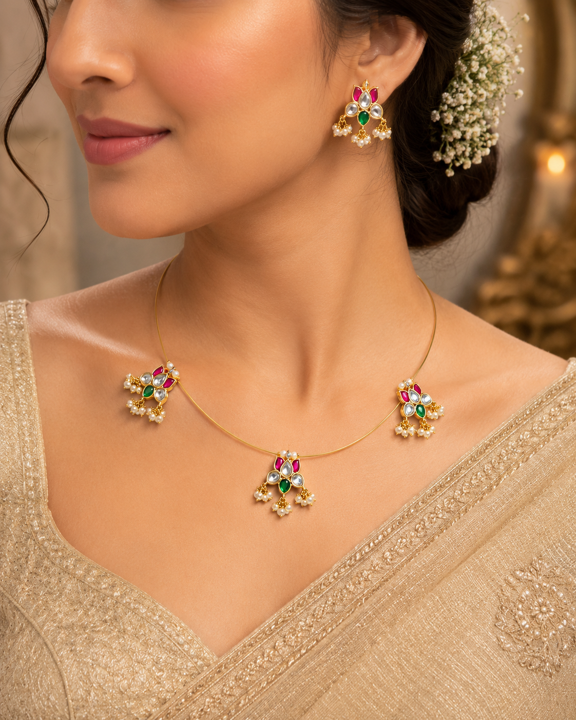 Multicolor Navya Kundan Wire Necklace Set - QUEENS JEWELS 