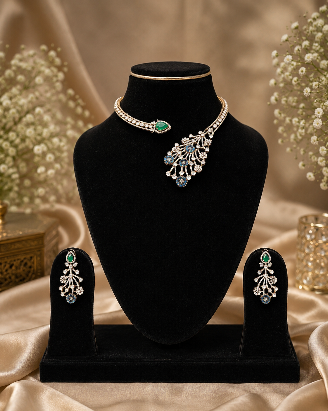 Peacock Collar Necklace Set with Earrings - QUEENS JEWELS 