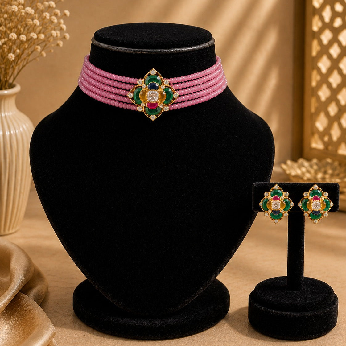Pink Beaded Choker Set