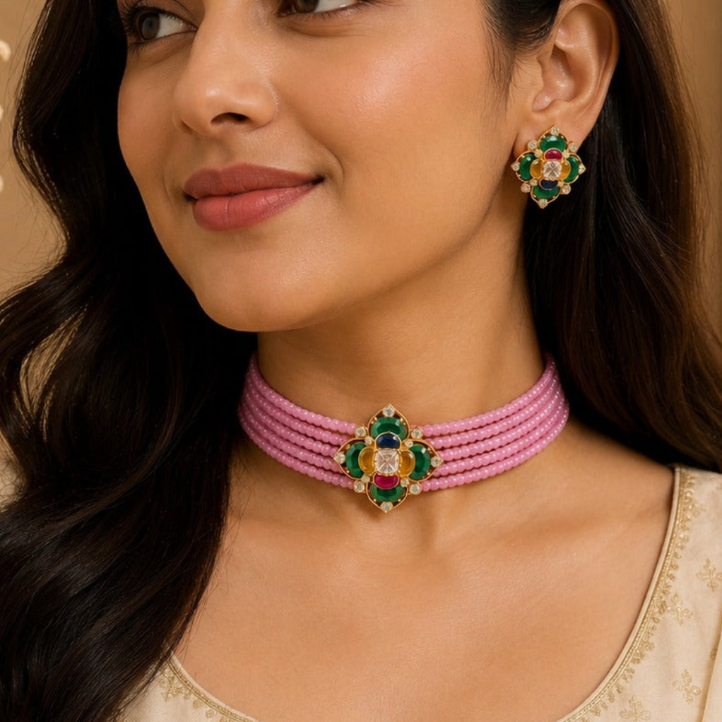 Pink Beaded Choker Set 2