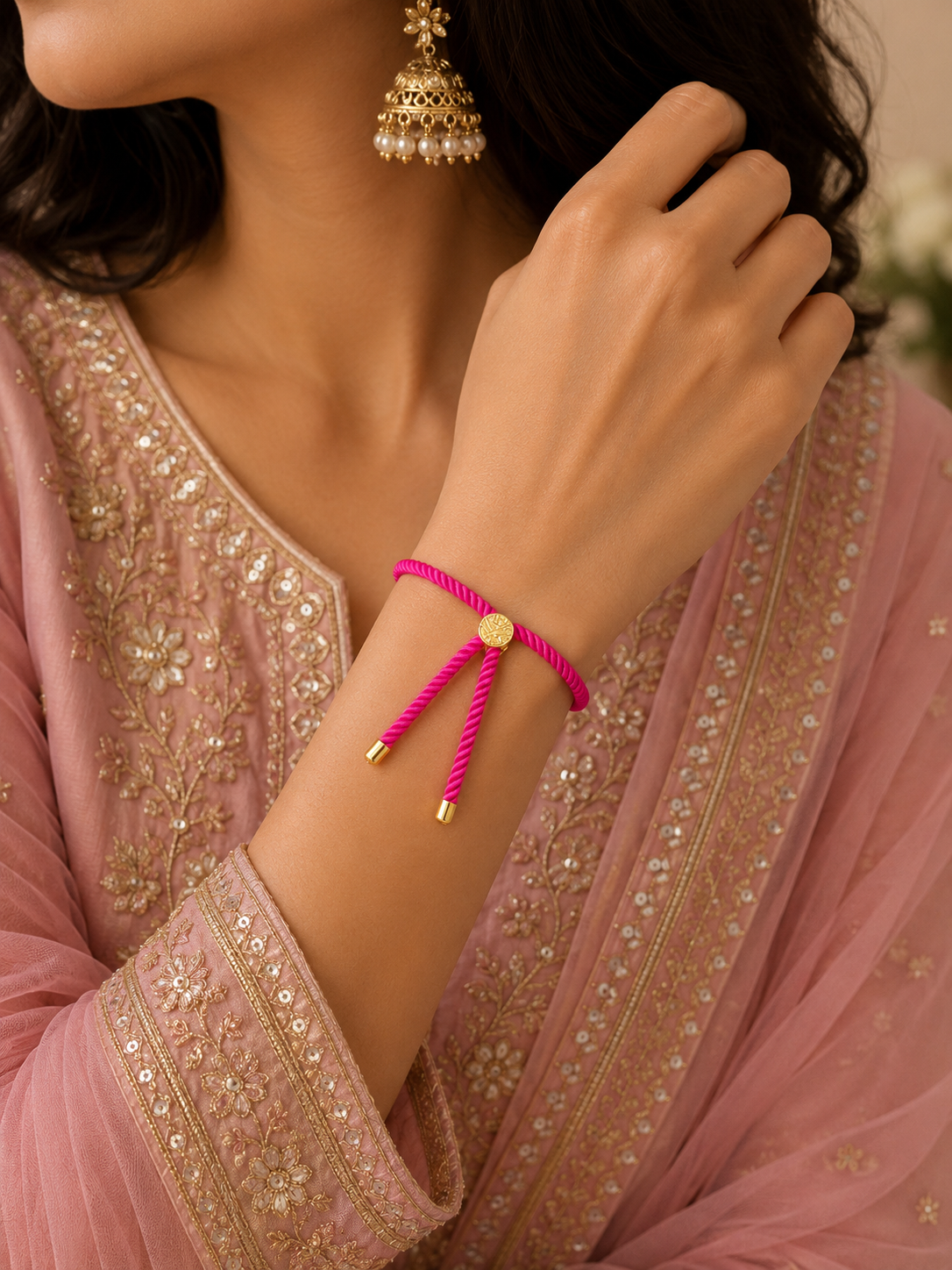 Pink Jadau Thread Bracelet/Rakhi 