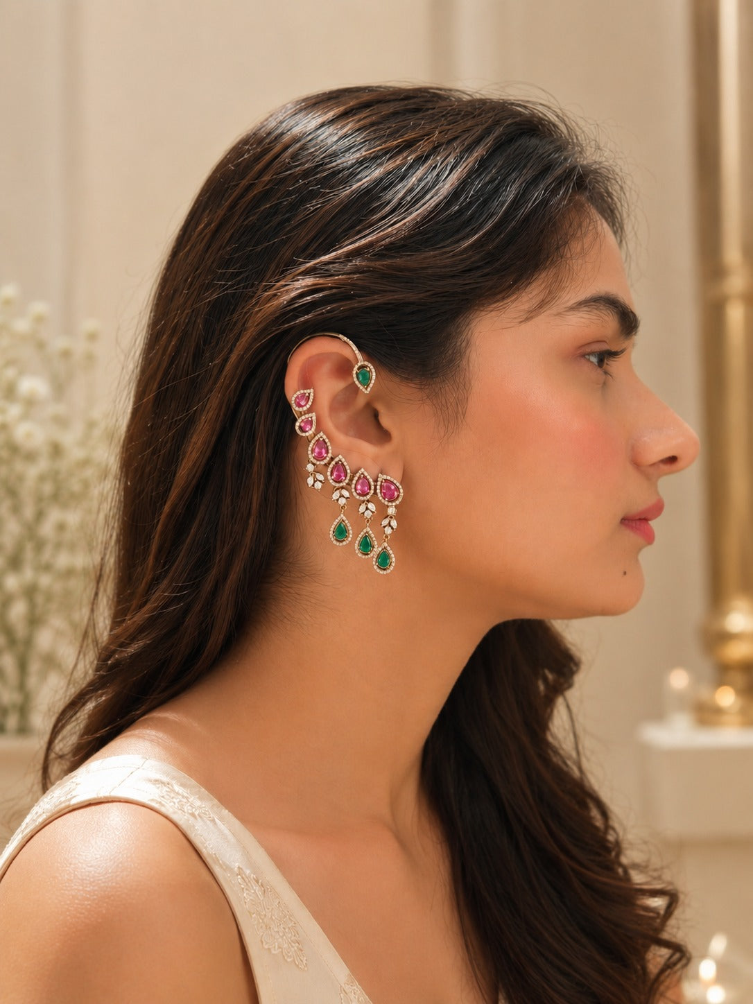 Pink American Diamond Ear Cuff - QUEENS JEWELS