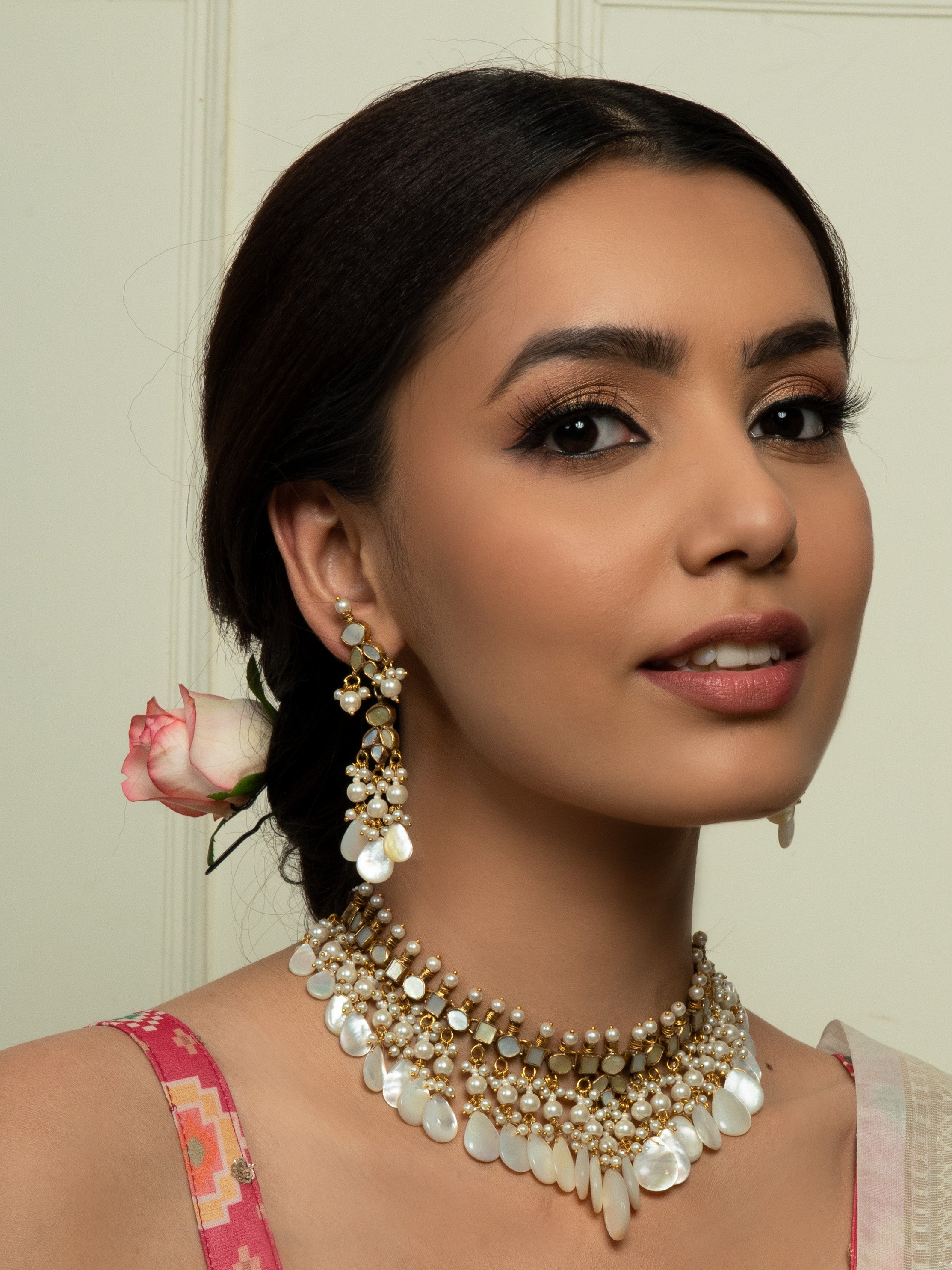 Mother of Pearl & Pachi Kundan Choker Set (Necklace & Earrings) - QUEENS JEWELS