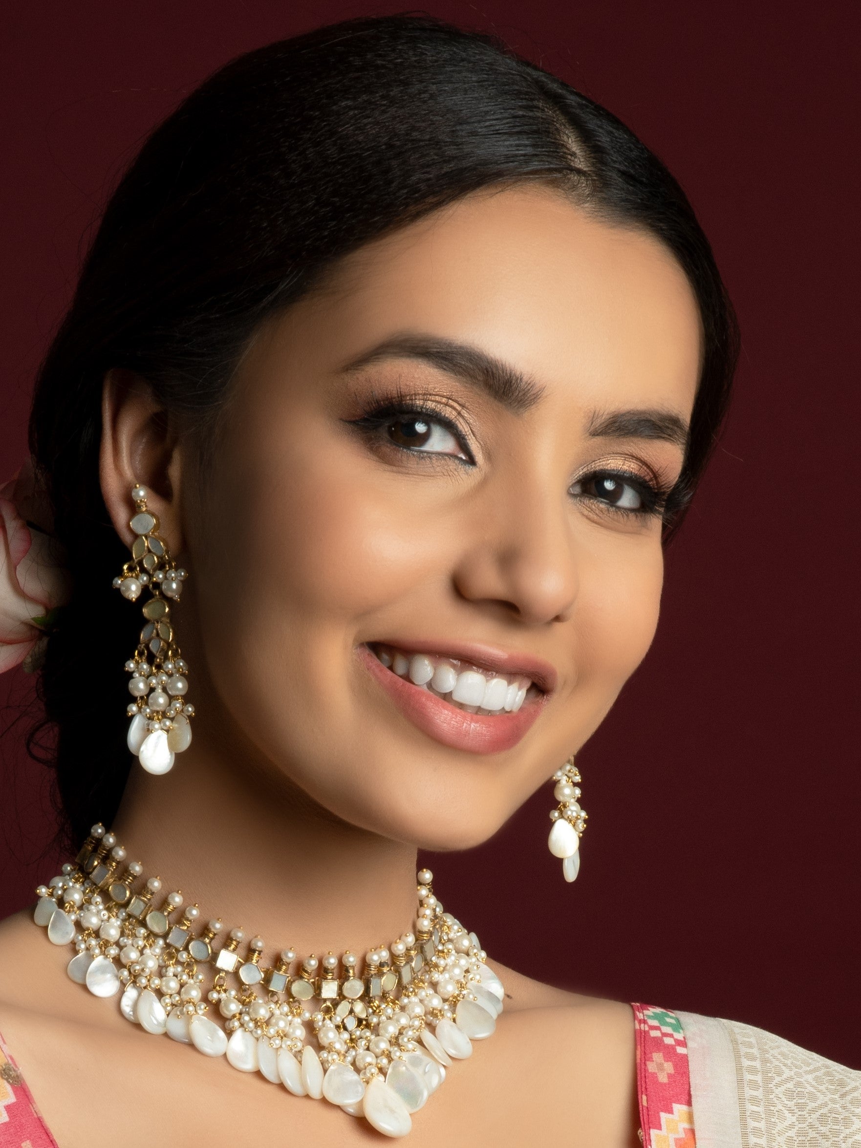 Mother of Pearl & Pachi Kundan Choker Set (Necklace & Earrings) - QUEENS JEWELS