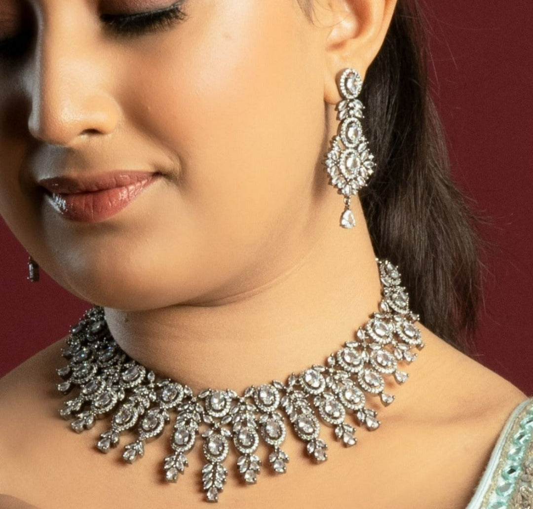 American Diamond Choker with Earrings (Necklace and Earrings Set) - QUEENS JEWELS