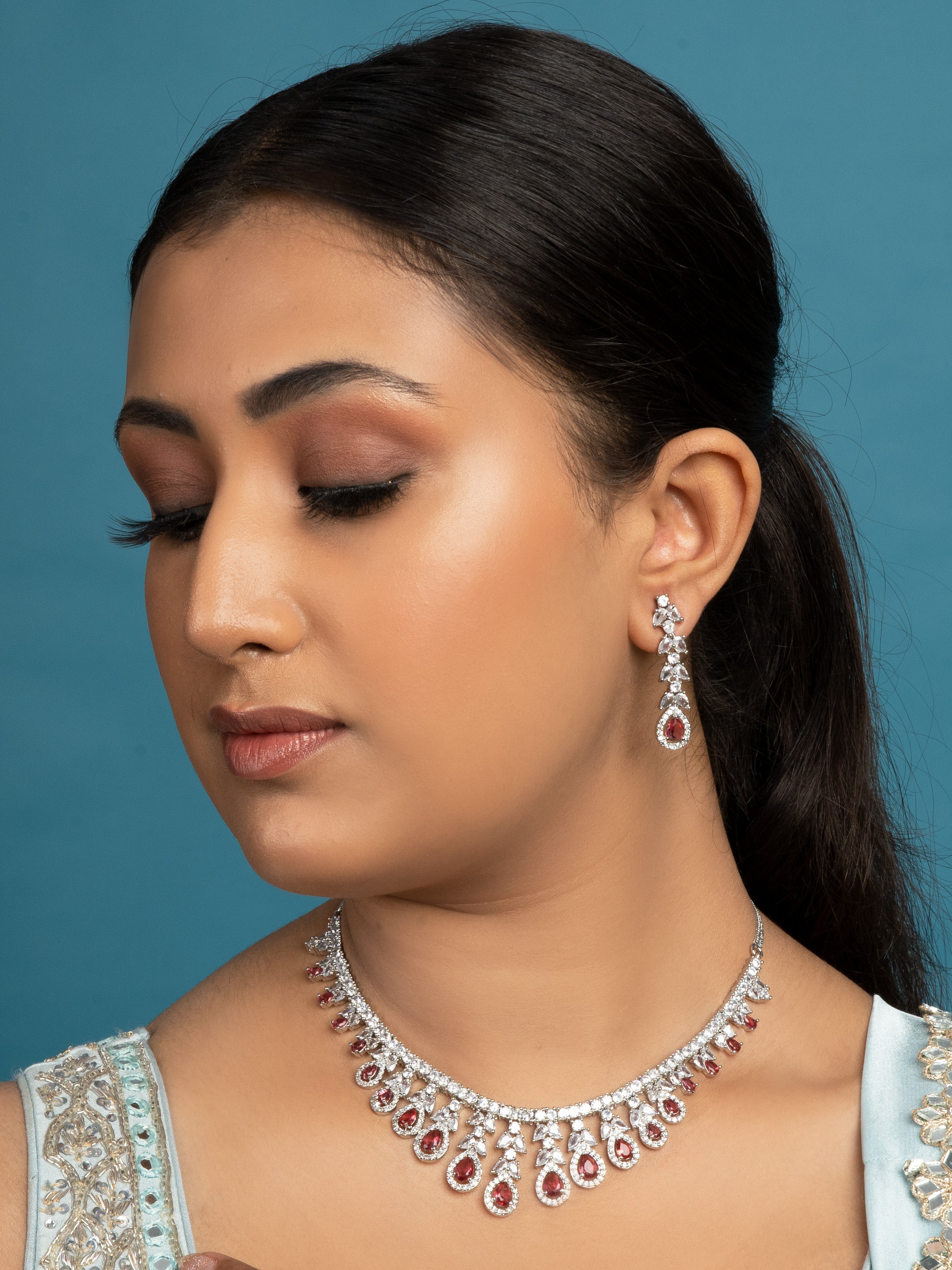 Nayaab American Diamond Choker with Earrings (Necklace and Earrings Set) - QUEENS JEWELS