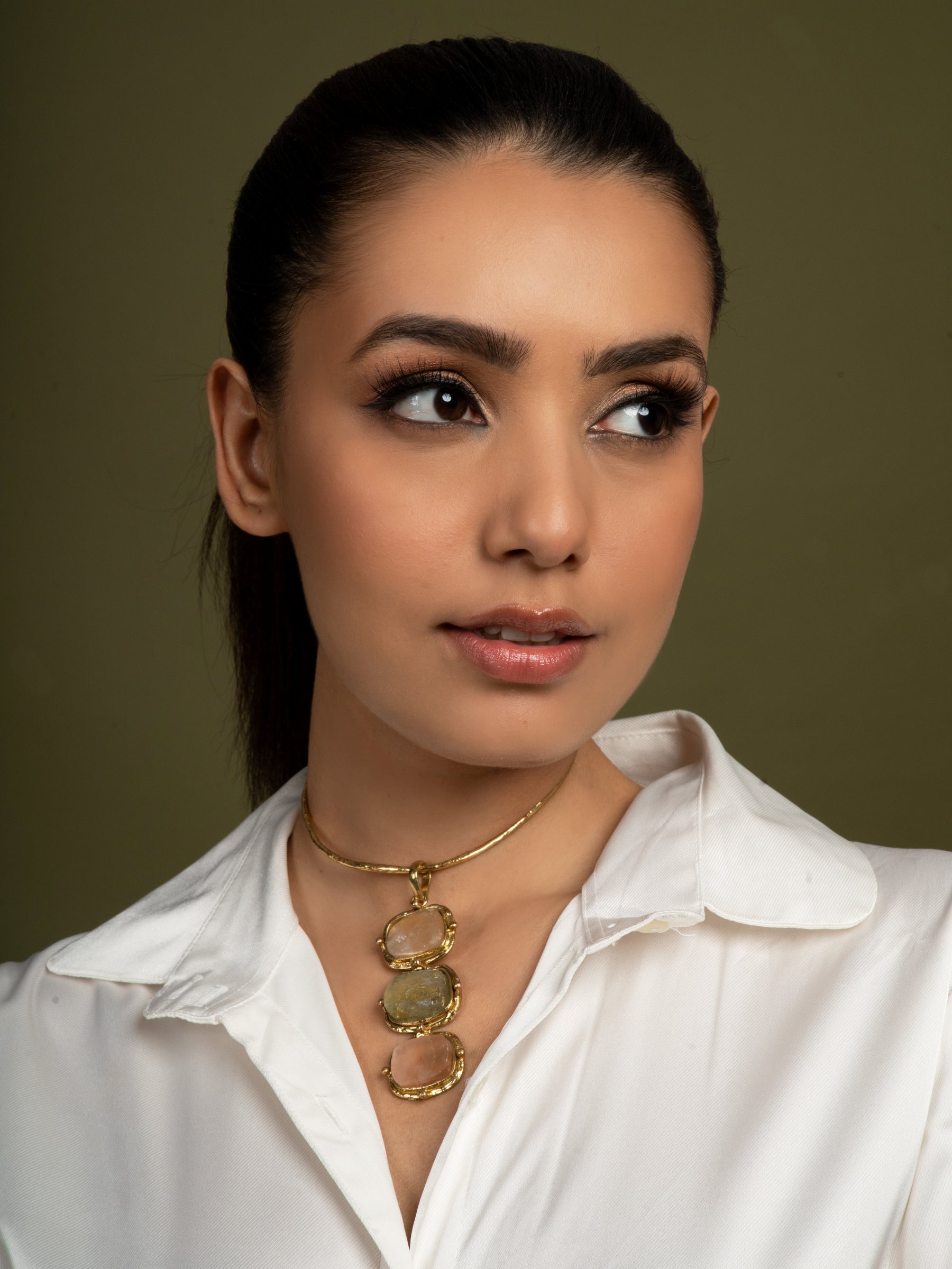 Trio Semi Precious Stone Gold Plated Necklace - QUEENS JEWELS 