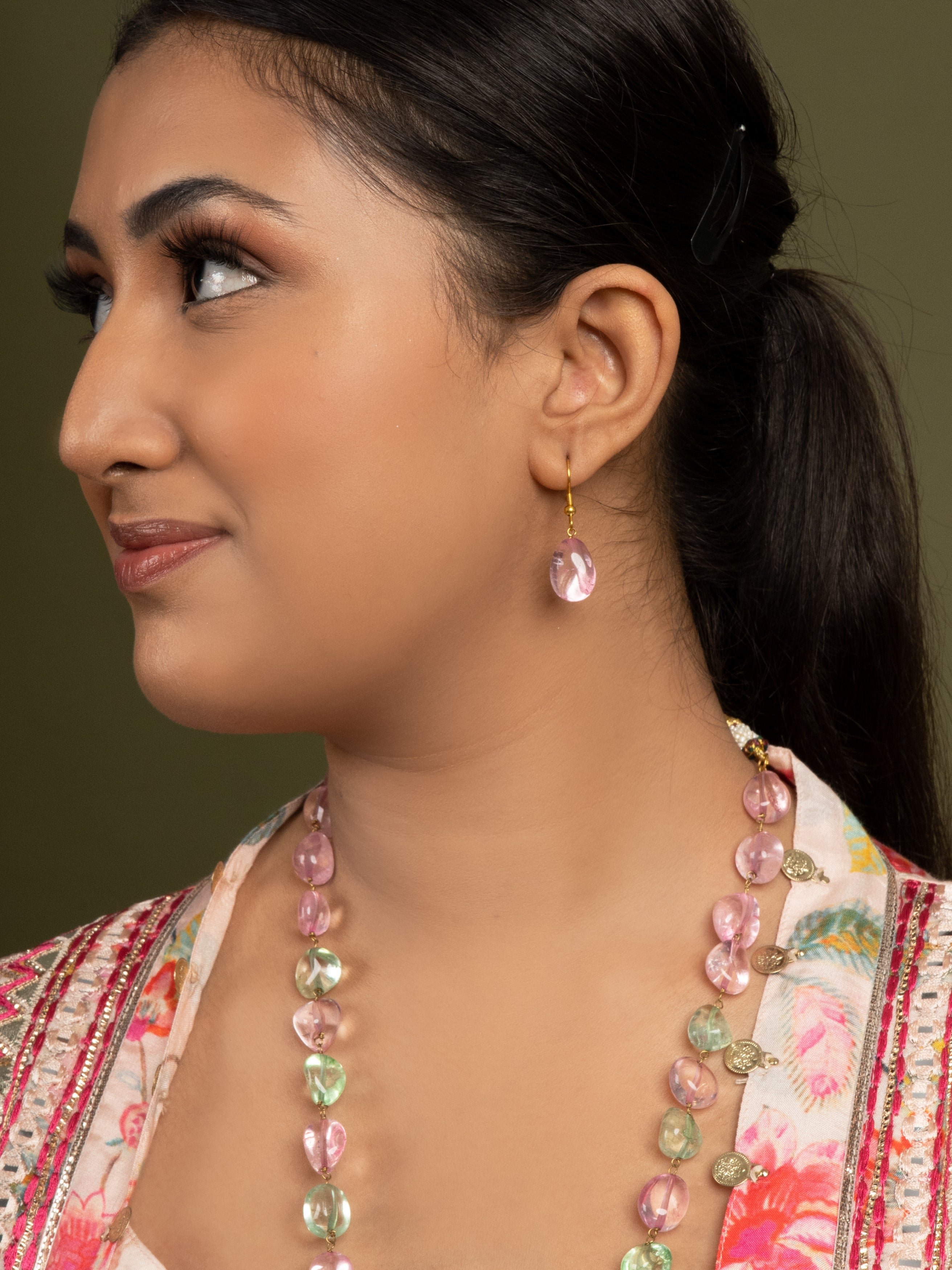 Navratan jadau stones with pearl drop chaandbali pendant long necklace set with earrings