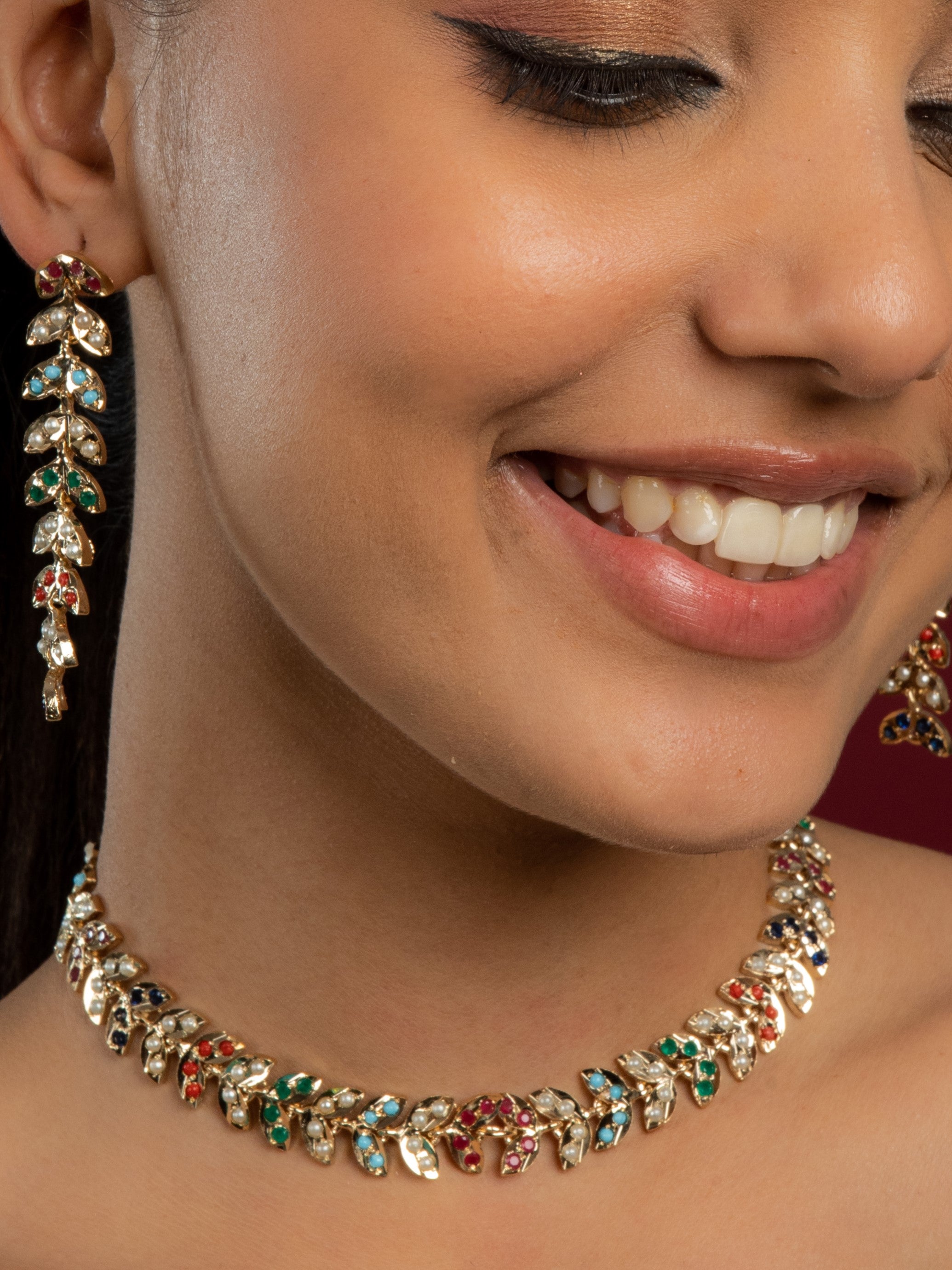 Mesmerizing Navaratan Jadau Choker Necklace Set (Necklace & Earrings Set) - QUEENS JEWELS