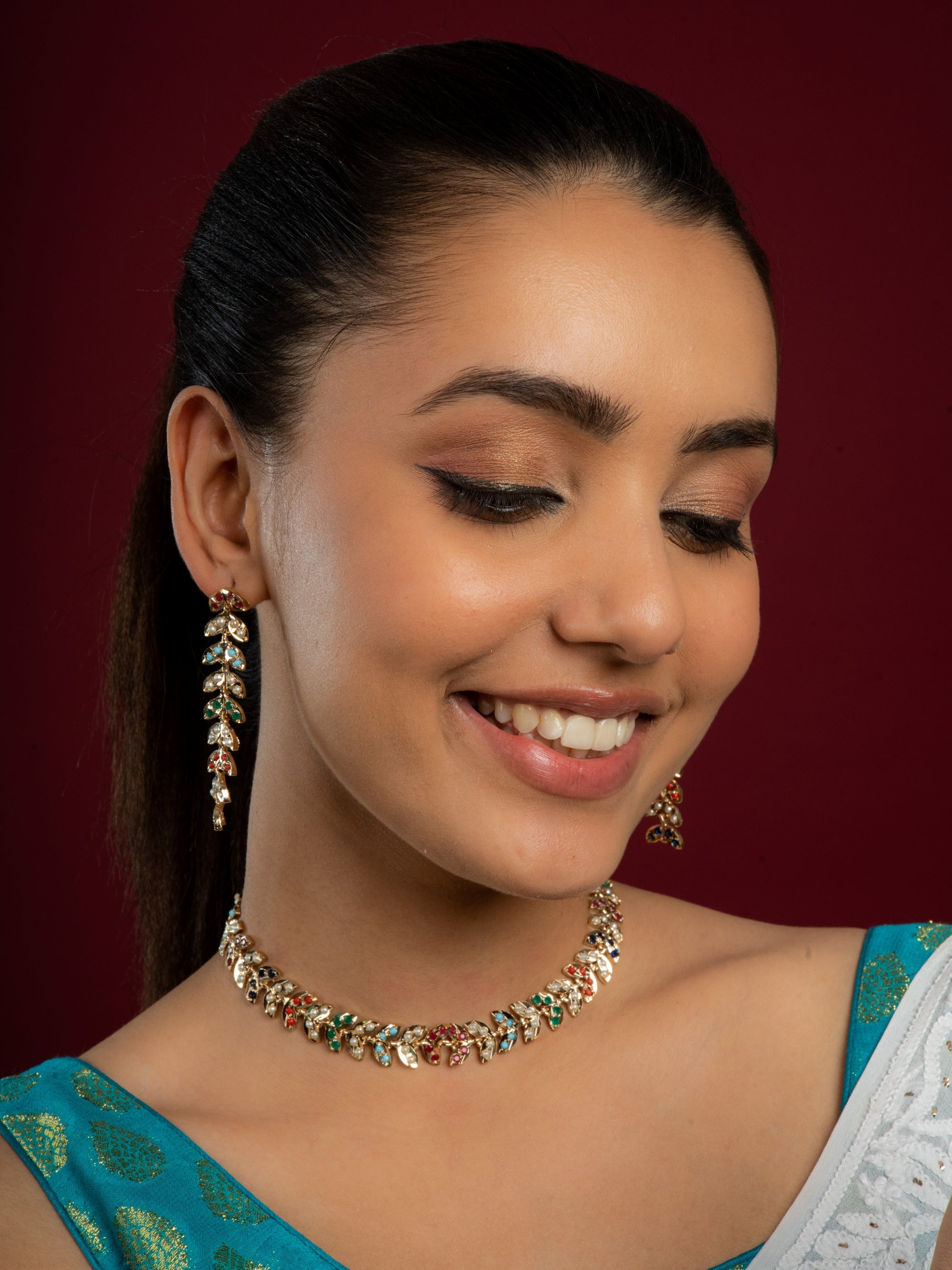 Mesmerizing Navaratan Jadau Choker Necklace Set (Necklace & Earrings Set) - QUEENS JEWELS