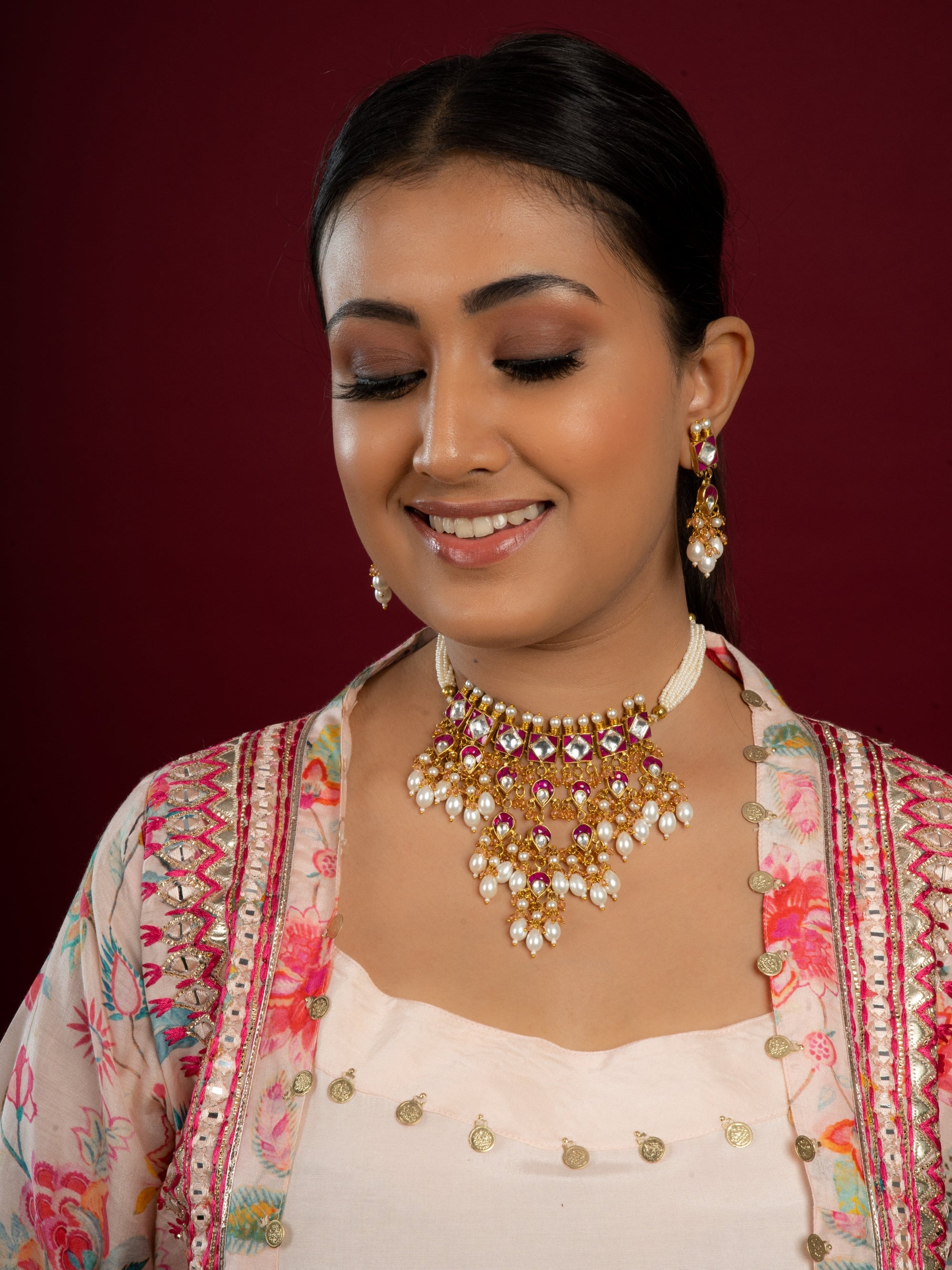 Ruby red & mustard beads with pearl drops pachi kundan choker set with earrings
