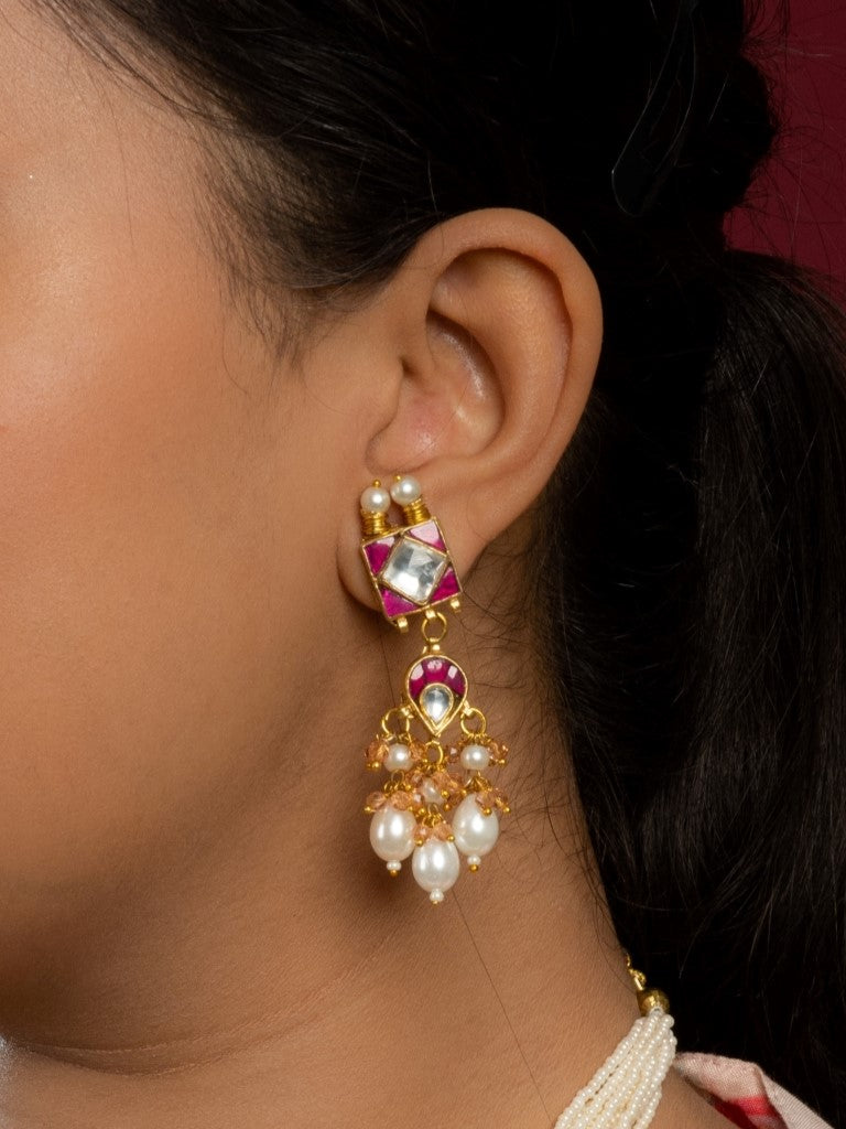 Ruby red & mustard beads with pearl drops pachi kundan earrings