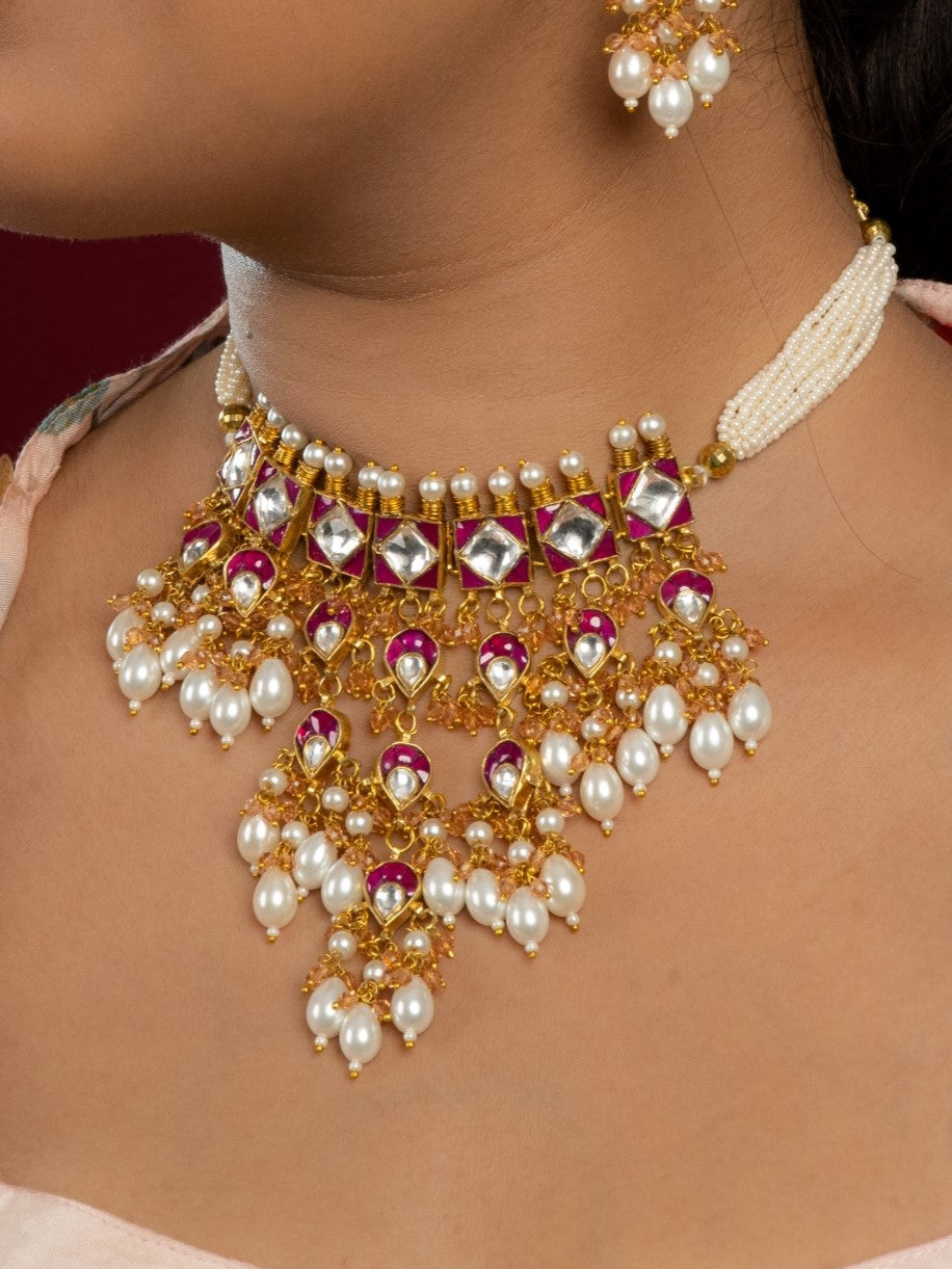 Ornate Kundan Necklace and Earrings Set - QUEENS JEWELS