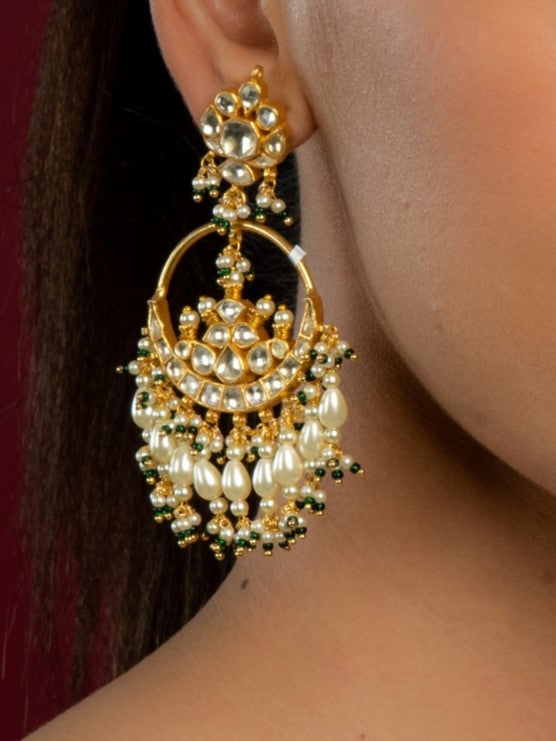 Pearl White & Emerald Kundan Chaandbali Earrings - QUEENS JEWELS