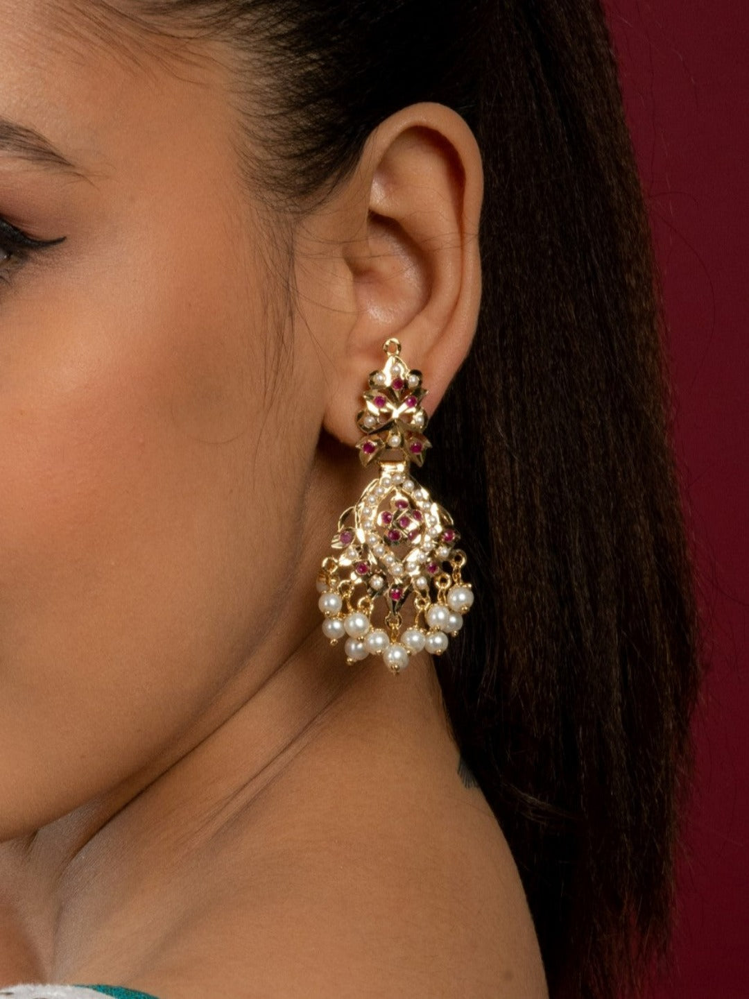 Gold Plated ruby red jadau chaandbali earrings